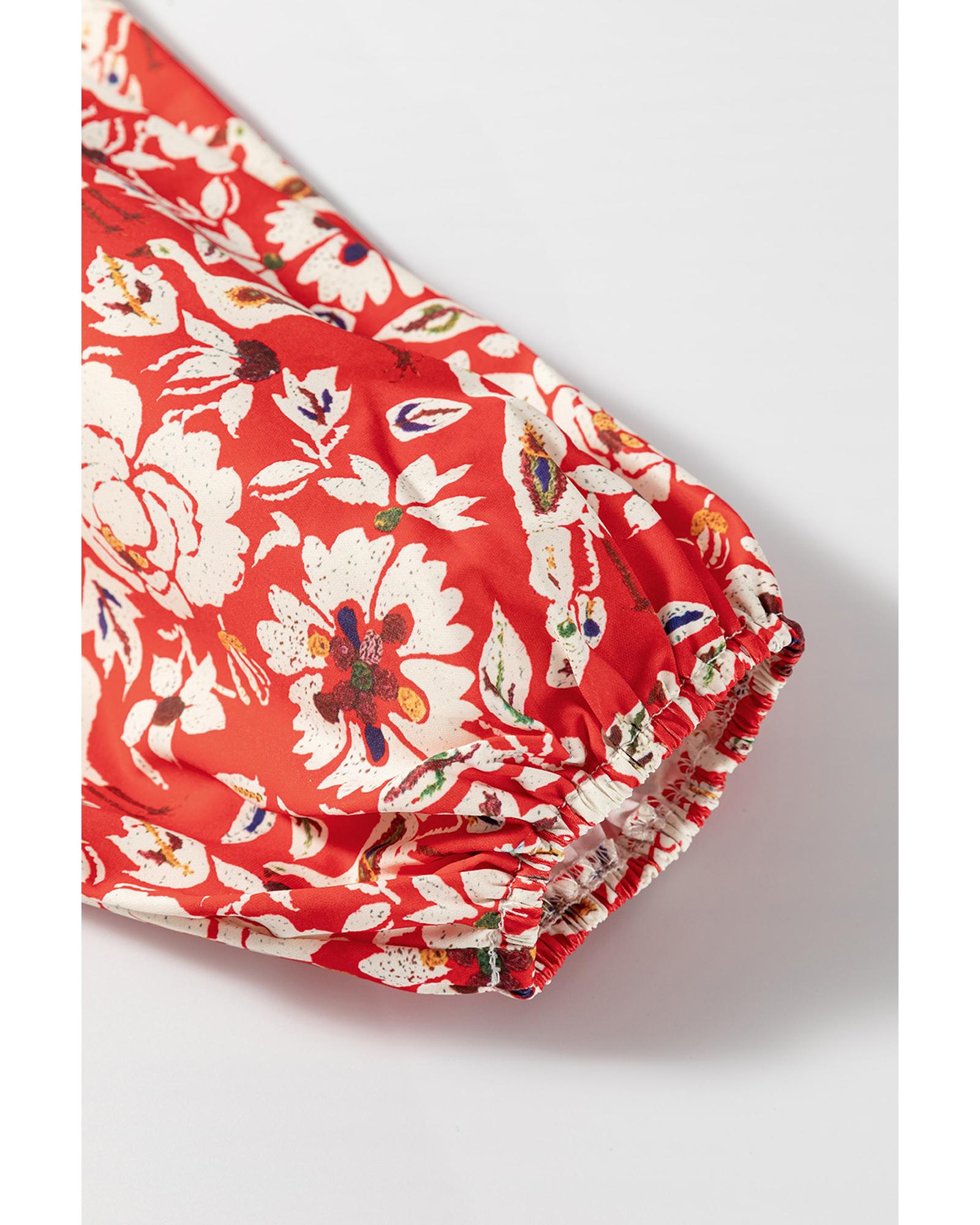 V539-AZEXDC6122529-P10320-S-202506190135-00 Red Colorful Floral Patchwork Long Sleeve Pleated Mini Dress - S - Image 1