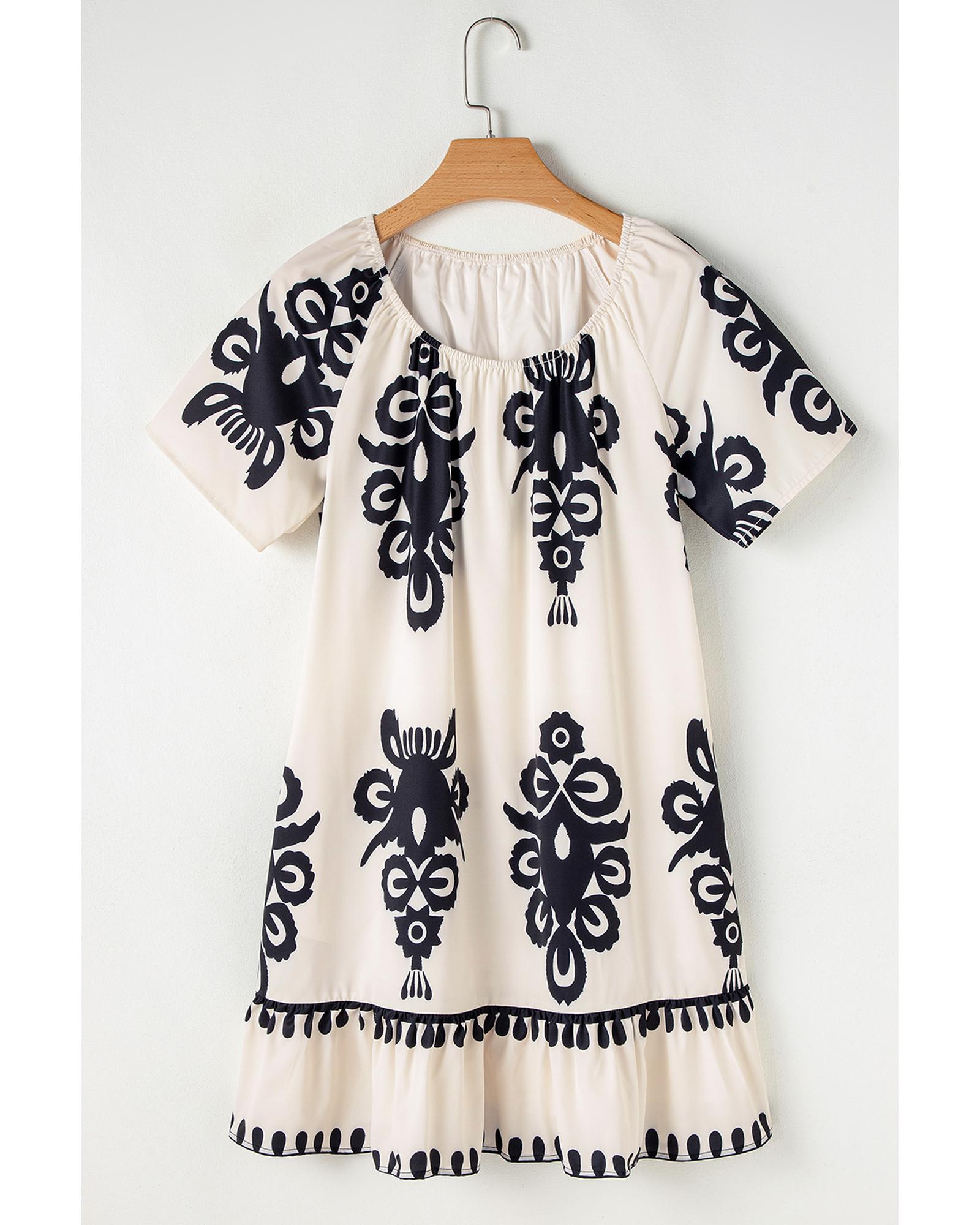 V539-AZEXDC6122620-P1820-S-202506190222-00 Apricot Western Print Ruffled Short Sleeve Loose Dress - S - Image 1