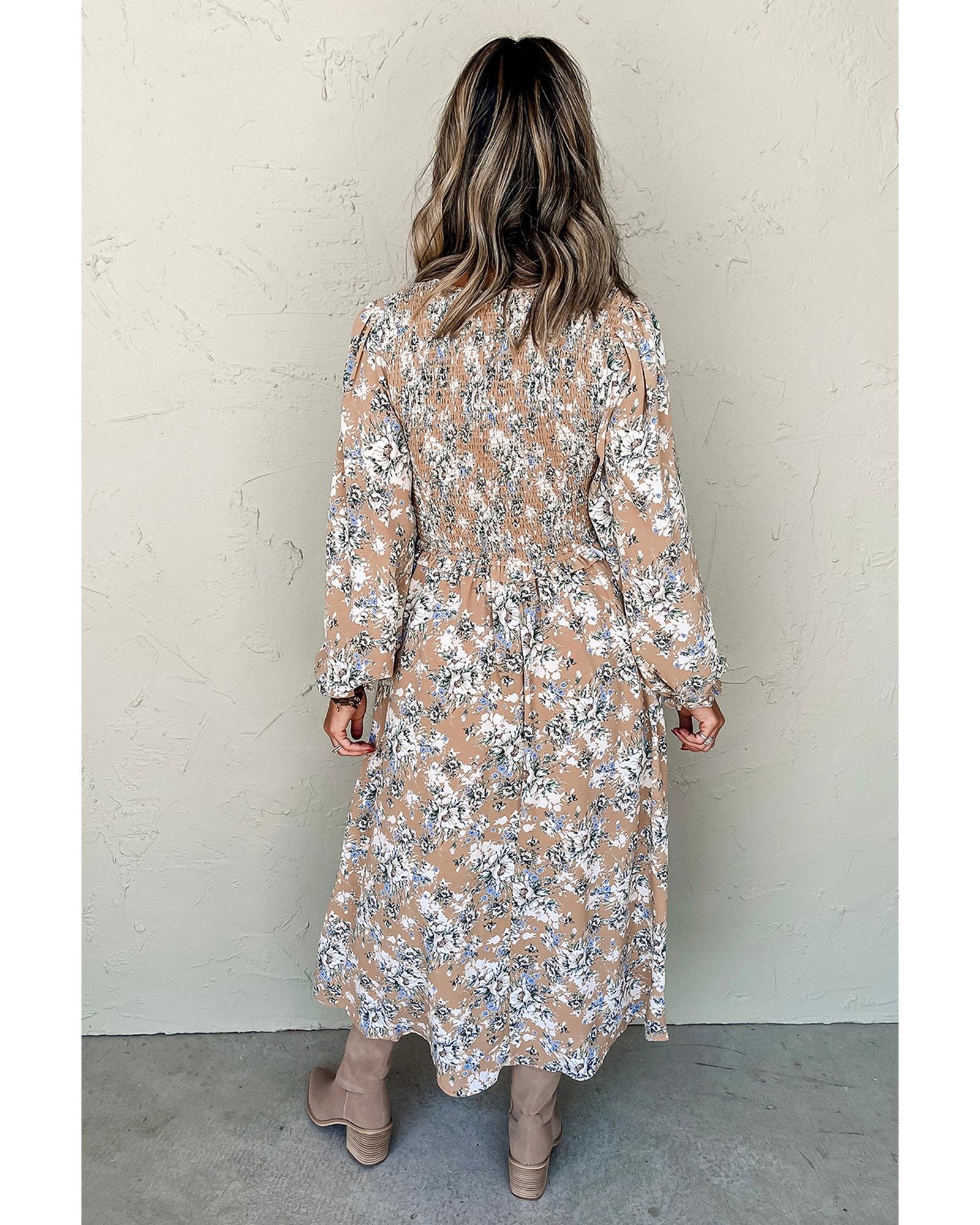 V539-AZEXDC6122652-P1620-M-202508310505-00 Khaki Maple Grove Floral Smocked Puff Sleeve Long Dress - M - Image 1
