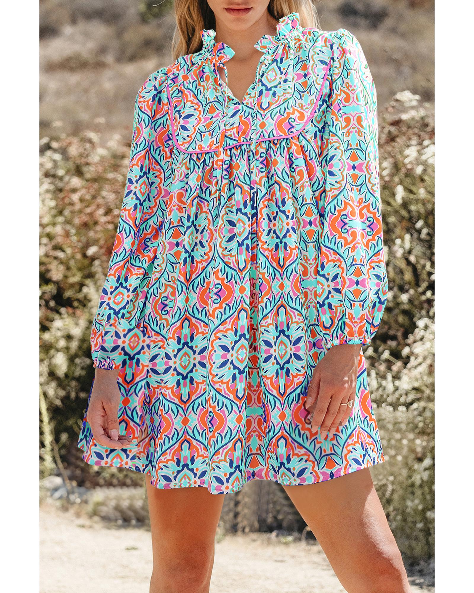 V539-AZEXDC6122668-P420-L-202508311220-00 Sky Blue Abstract Printed Long Sleeve Tied Neckline Mini Dress - L - Image 1
