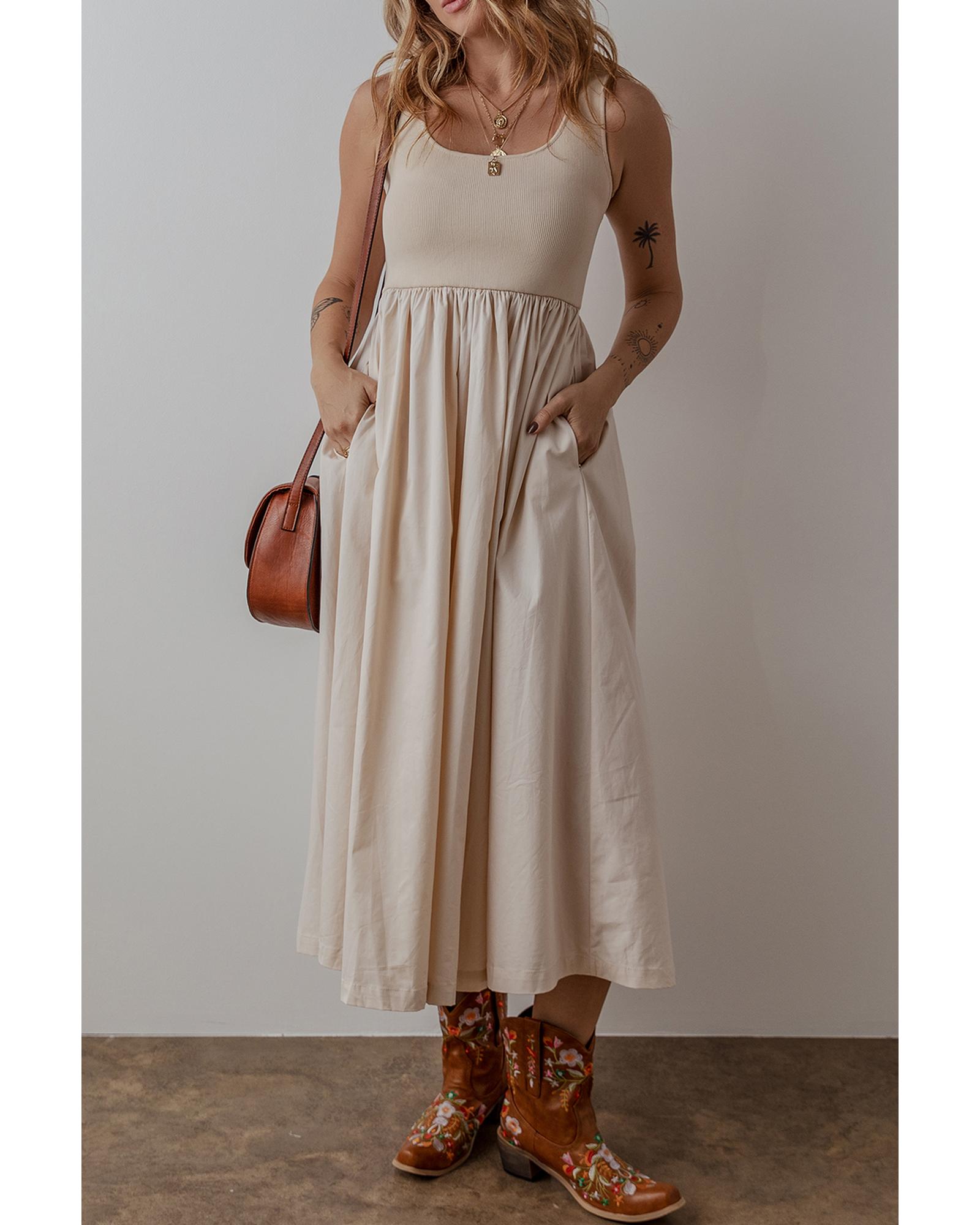 V539-AZEXDC6122714-P15-XL-202508311000-00 Beige Scoop Neck Ribbed Bodice Pleated Sleeveless Long Dress - XL - Image 1