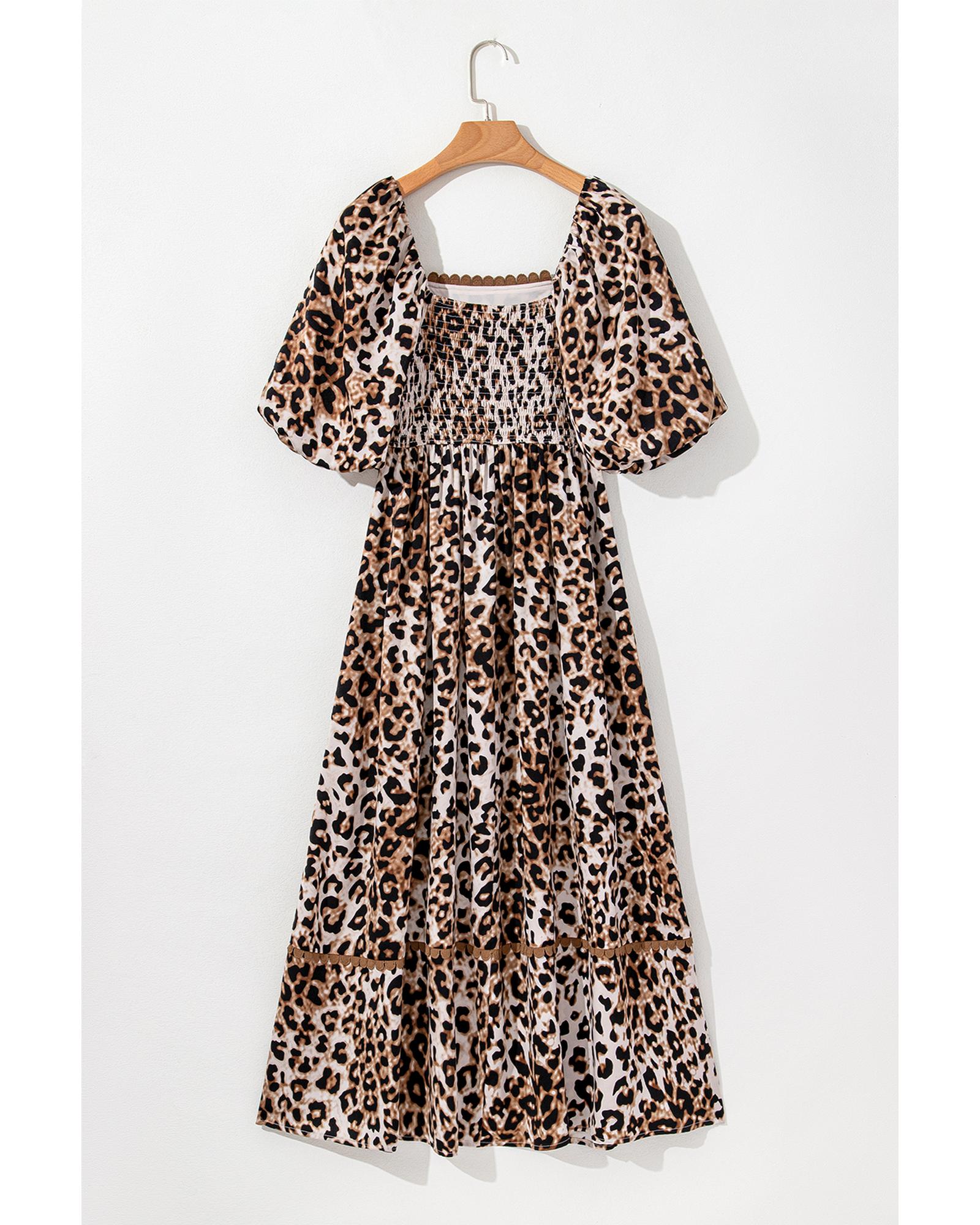 V539-AZEXDC6122827-P1720-M-202508311600-00 Brown Leopard Print Bubble Sleeve Square Neck Maxi Dress - M - Image 1
