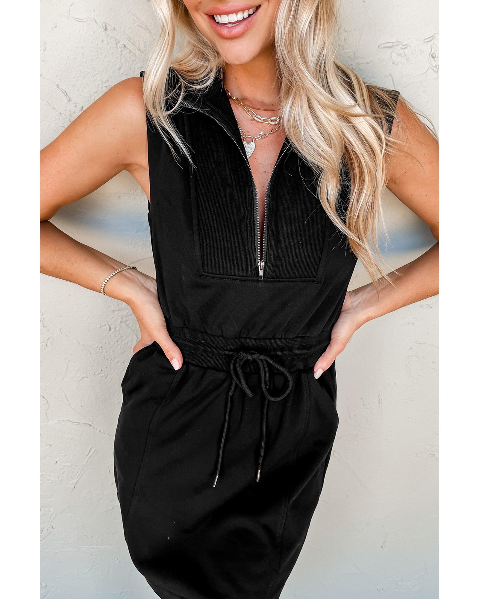 V539-AZEXDC6122895-P2-L-202508300020-00 Black French Terry Zipped Collar Sleeveless Drawstring Waist Mini Dress - L - Image 1