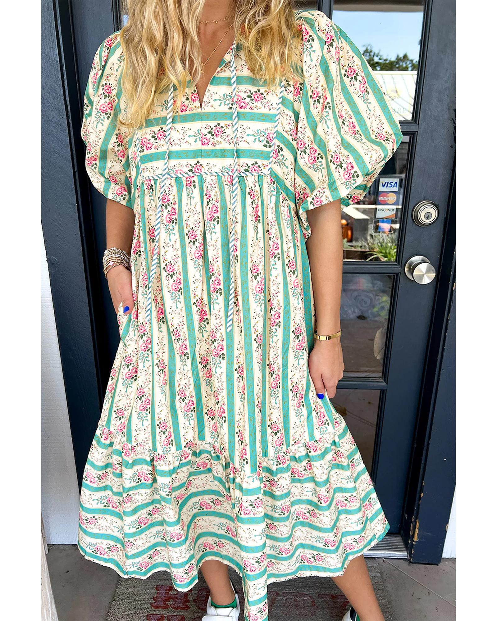 V539-AZEXDC6123186-P22-L-202508301640-00 Multicolour Striped Floral Print Tie Split Neck Puff Sleeve Midi Dress - L - Image 1