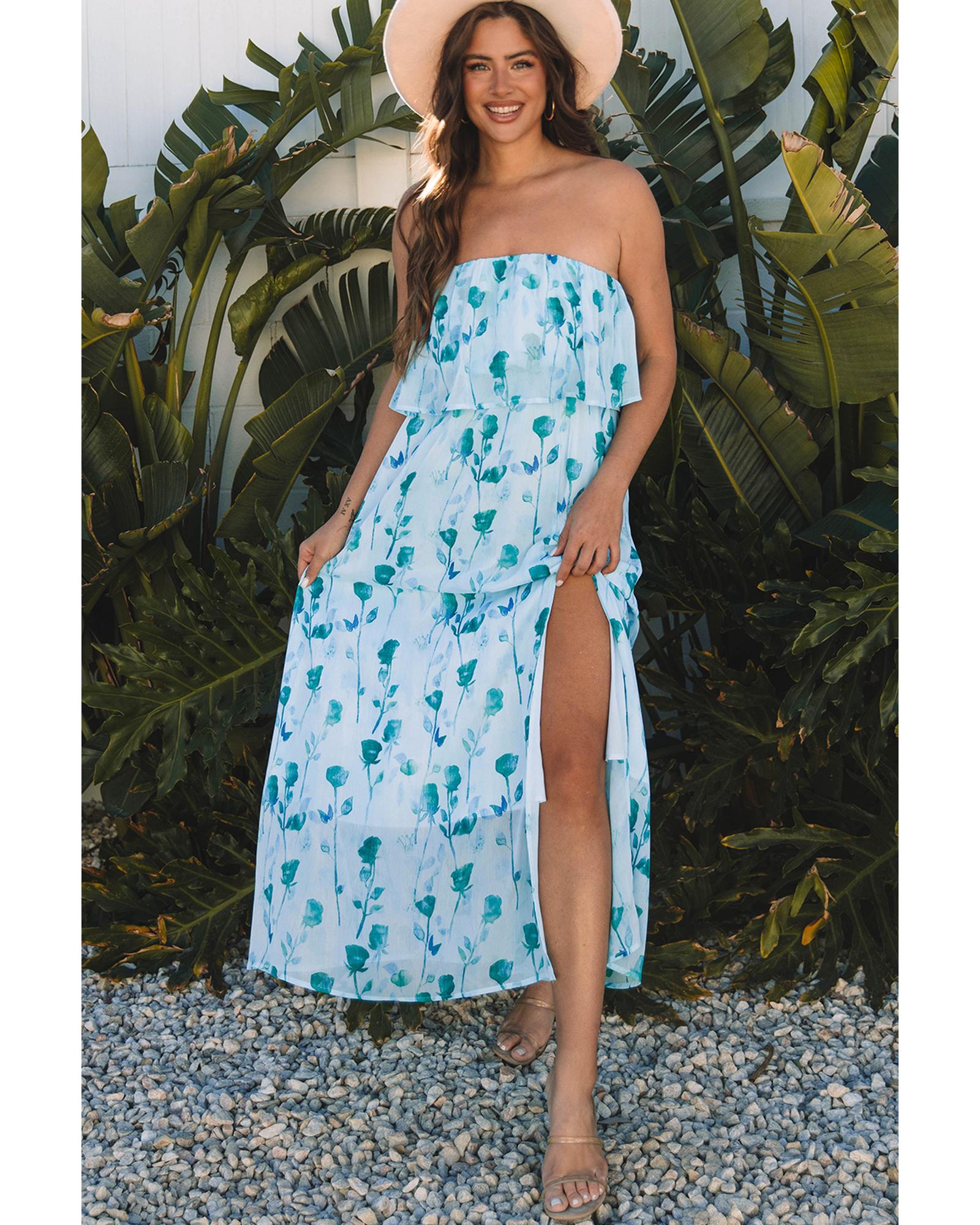 V539-AZEXDC6123190-P920-XL-202508301155-00 Green Floral Print Ruffled Side Slit Tube Top Maxi Dress - XL - Image 1