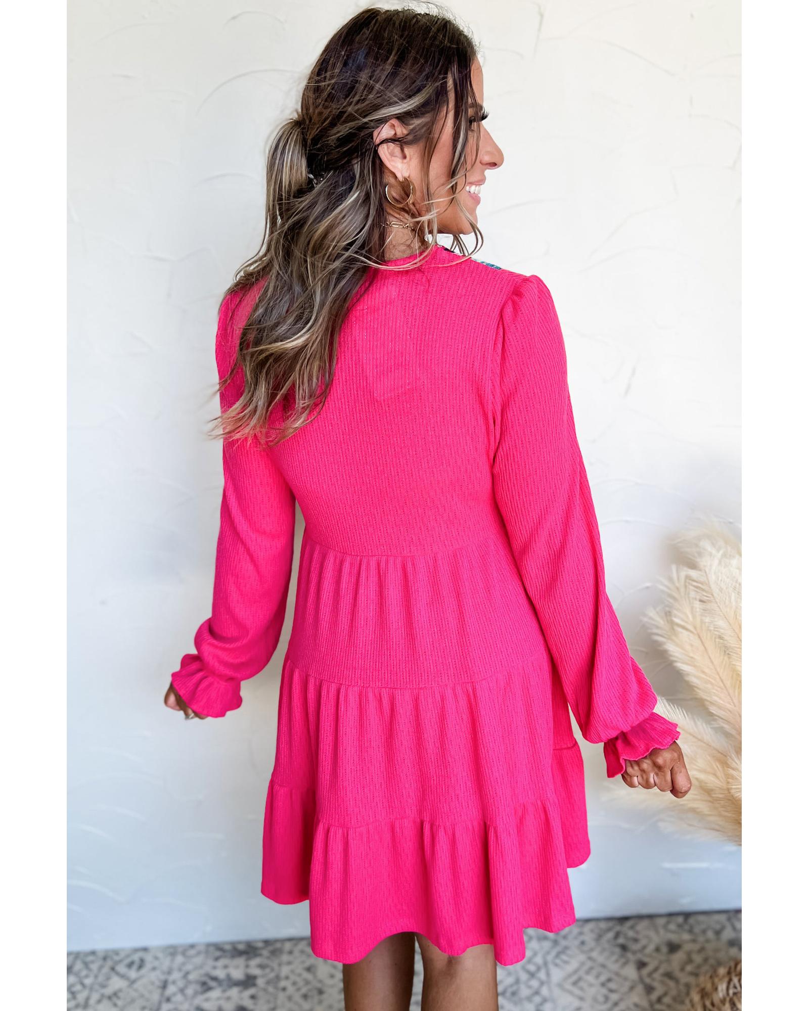V539-AZEXDC6123268-P6-XL-202508302045-00 Rose Red Colorful Crochet V Neck Textured Tiered Ruffled Long Sleeve Mini Dress - XL - Image 1