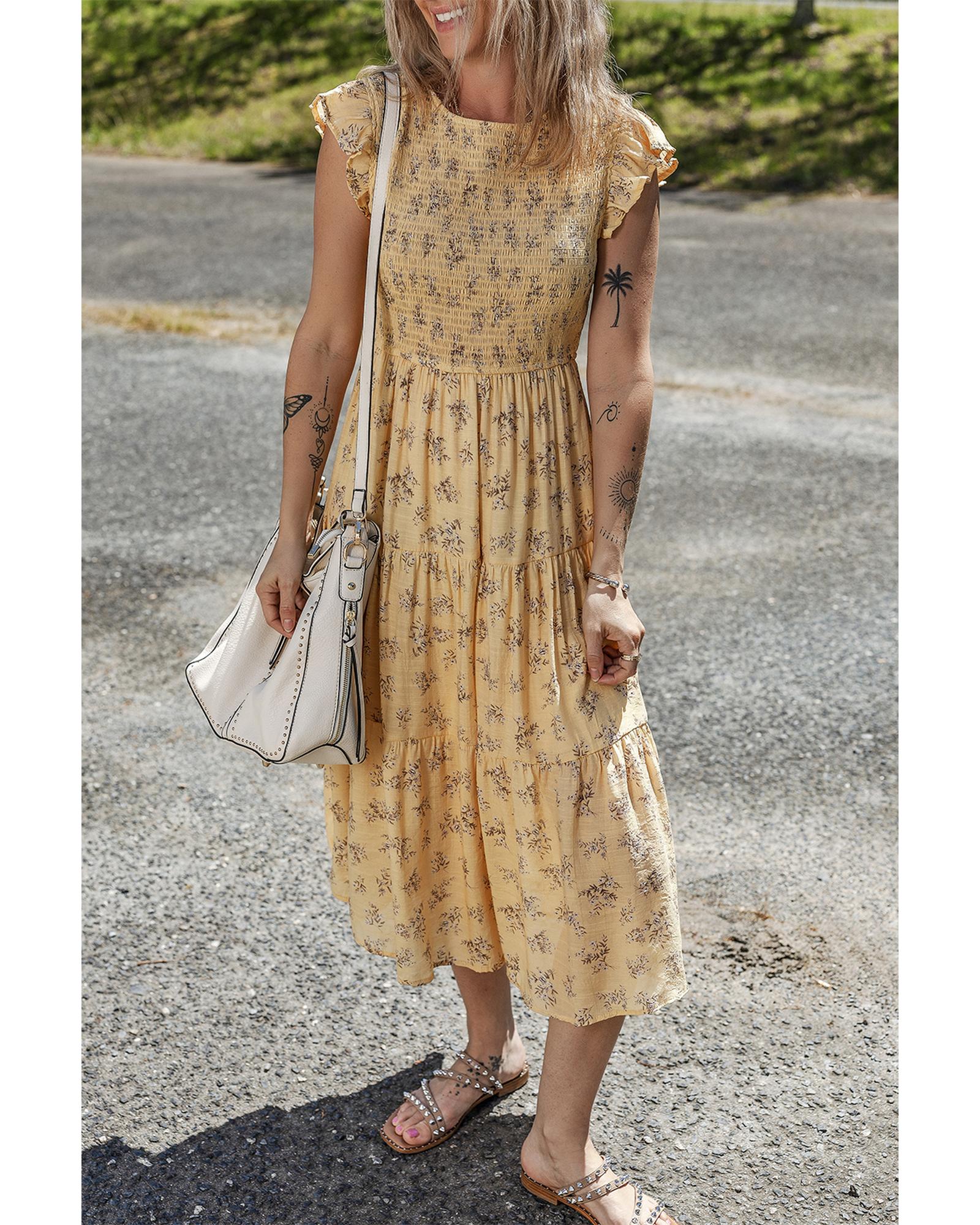 V539-AZEXDC6123300-P720-XL-202508302200-00 Yellow Boho Floral Print Ruffle Smocked Flowy Summer Dress - XL - Image 1