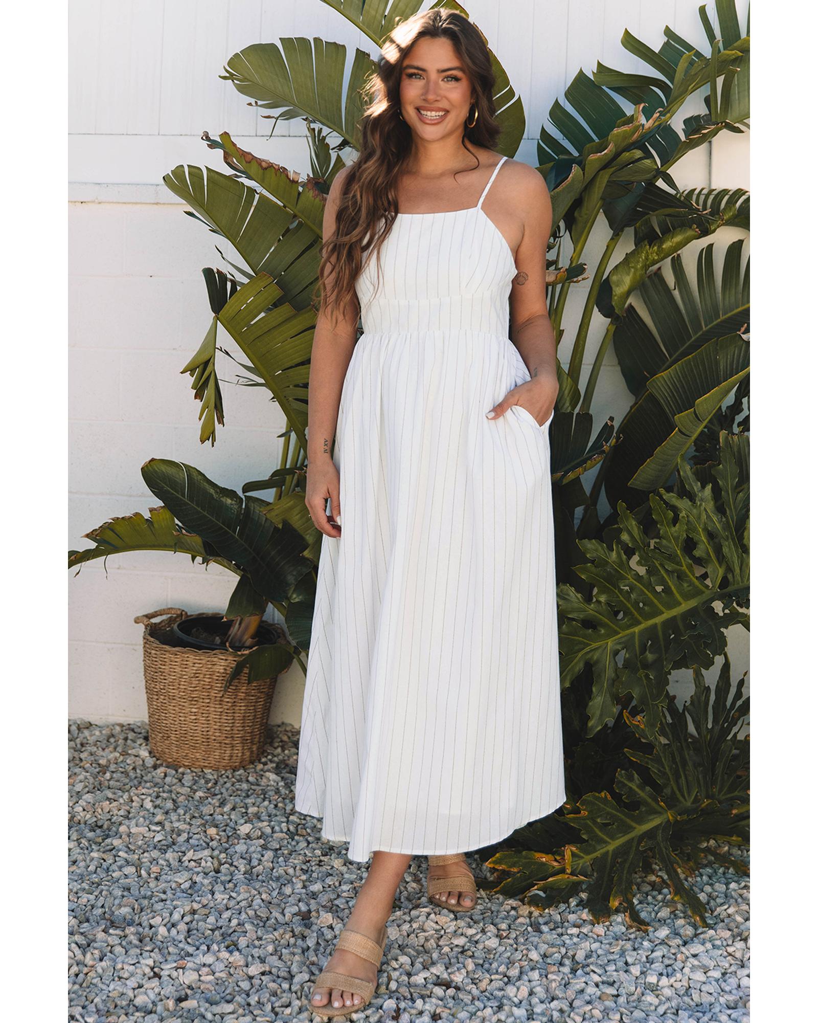 V539-AZEXDC6123482-P1519-L-202508300345-00 Beige Stripe Spaghetti Strap Pocketed High Waist Maxi Dress - L - Image 1