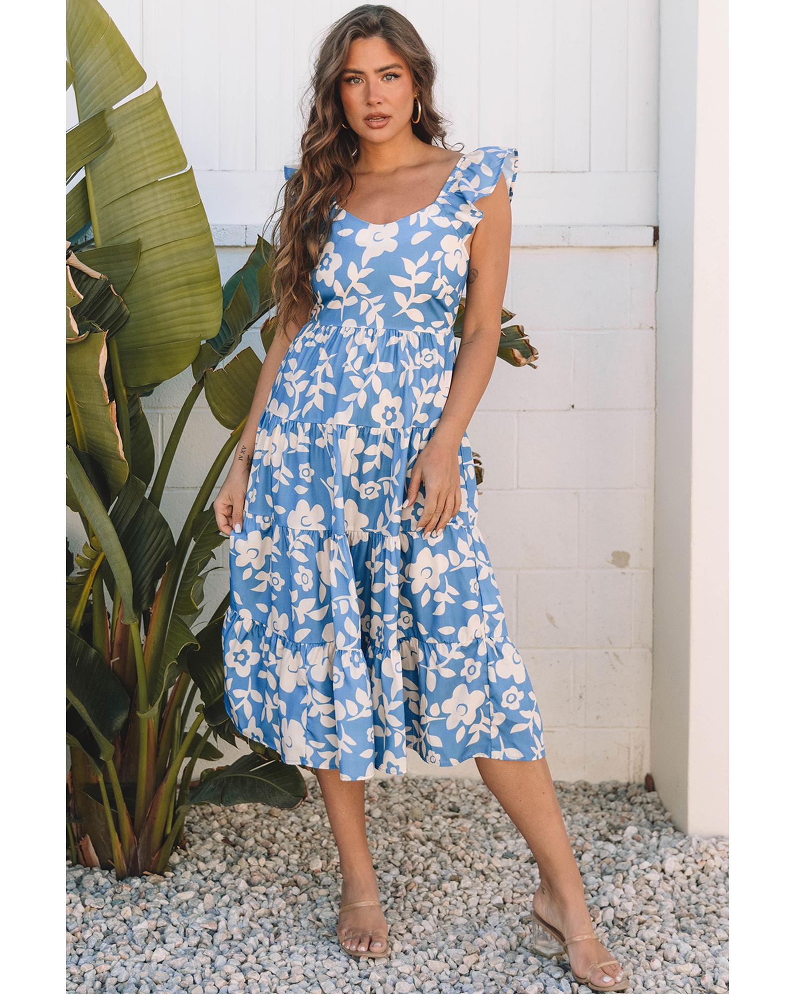 V539-AZEXDC6123697-P420-L-202508301845-00 Sky Blue Floral U Neck Flutter Shoulder Tiered Flowy Midi Dress - L - Image 1