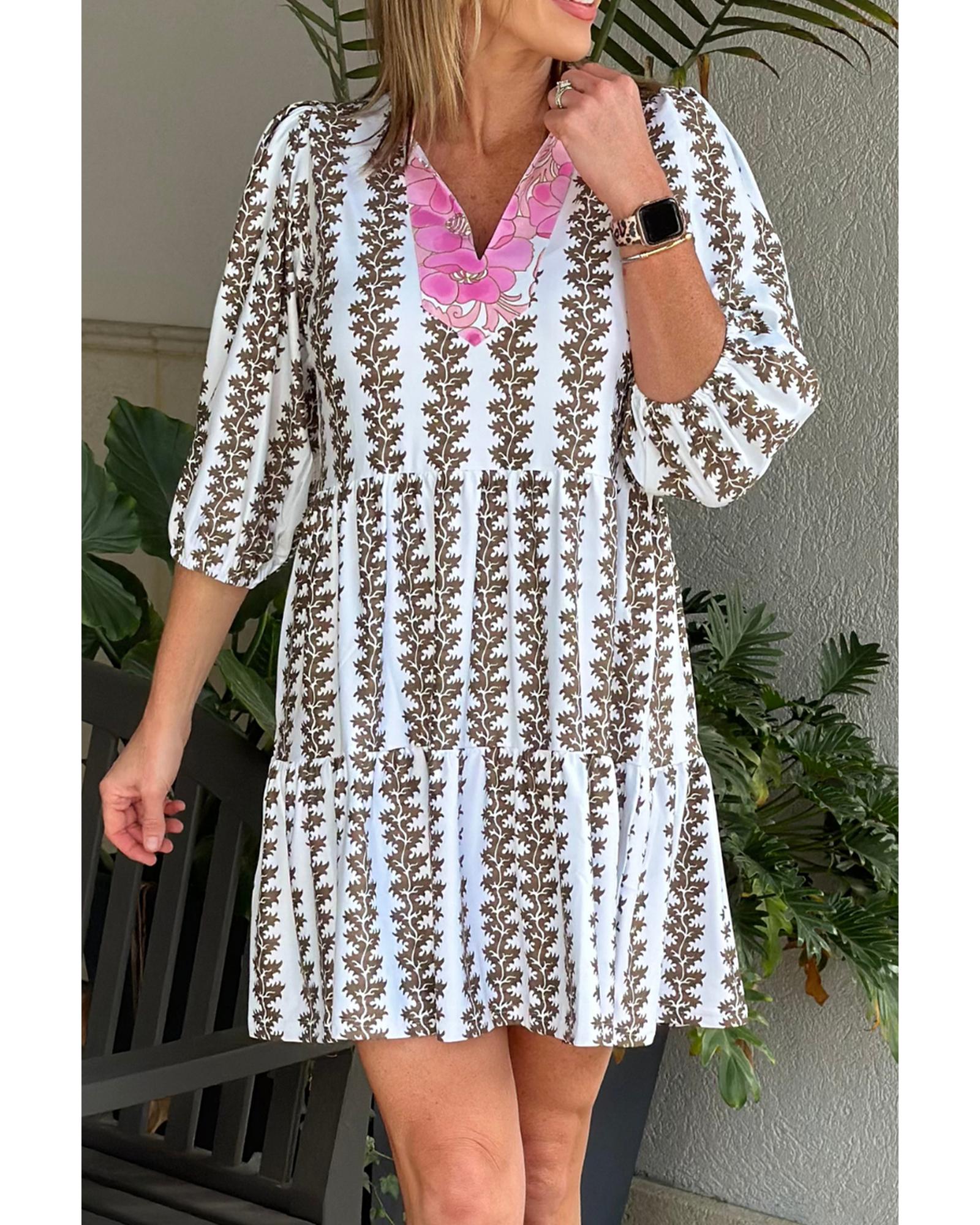 V539-AZEXDC6123915-P220-S-202506142321-00 Black Contrast Floral V Neck Printed Bracelet Sleeve Dress - S - Image 1