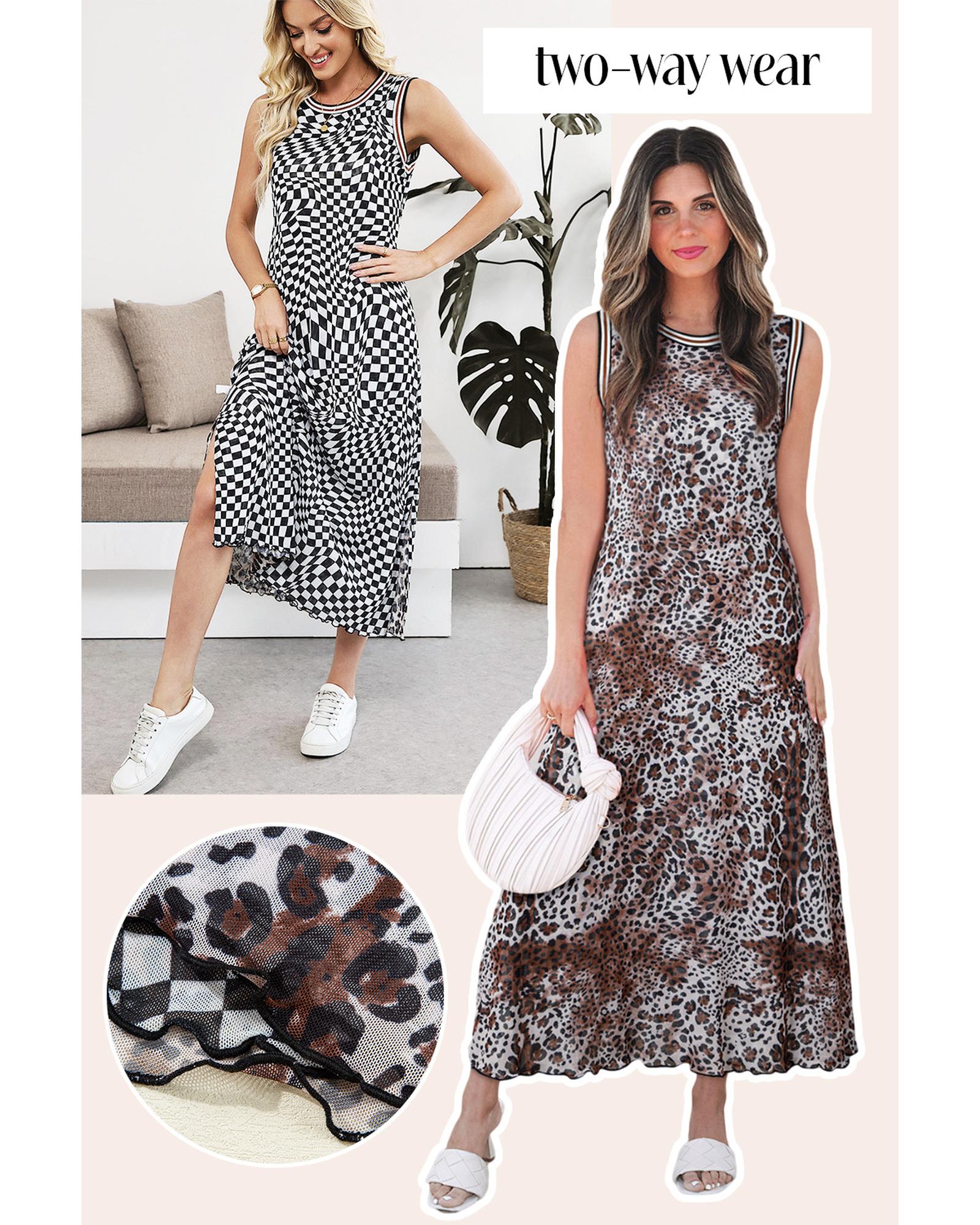 V539-AZEXDC6124310-P22-S-202506142021-00 Multicolour Leopard Checkered Double Printed Reversible Sleeveless Long Dress - S - Image 1