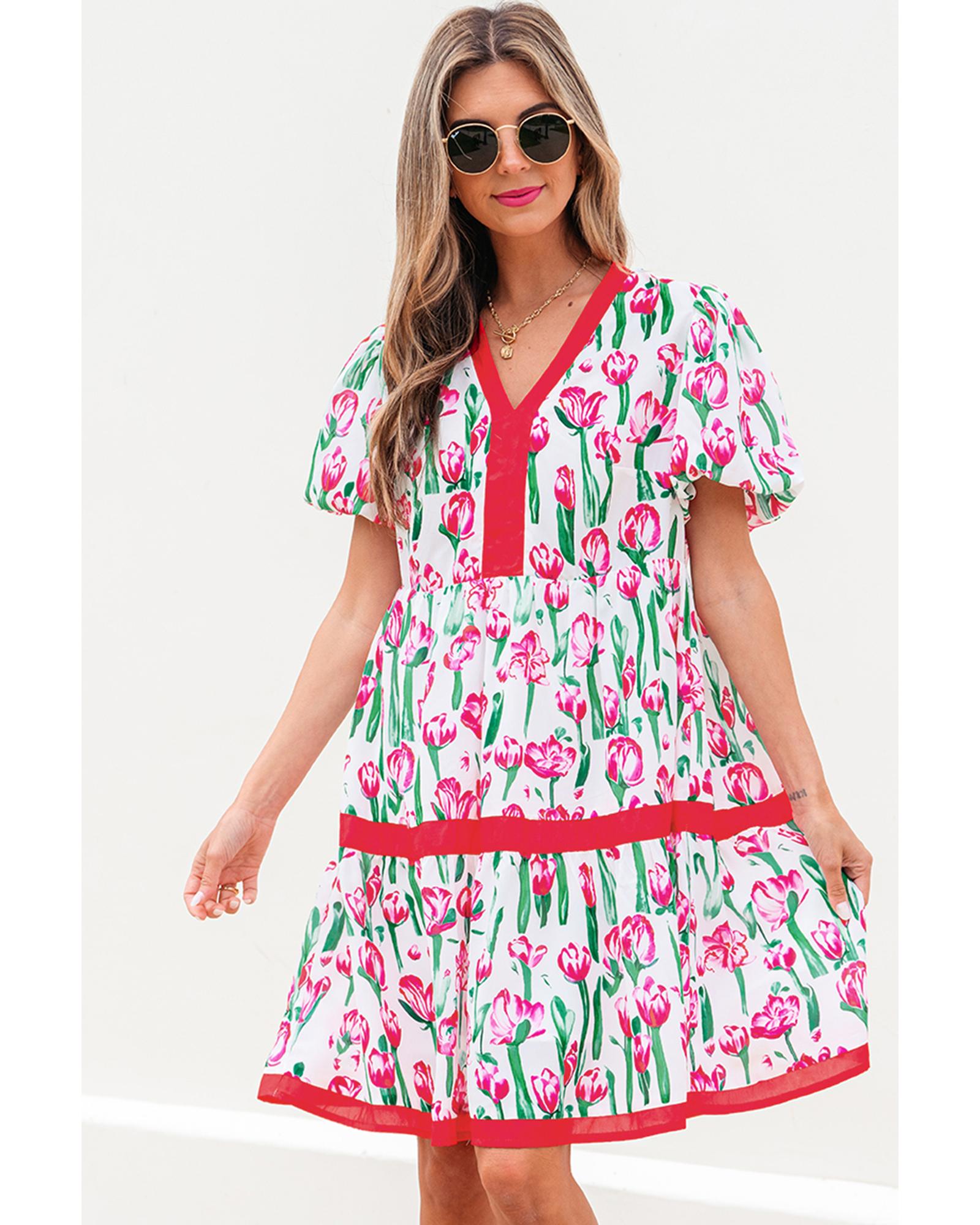 V539-AZEXDC6124474-P1020-M-202508301540-00 Pink Floral Print Contrast Trim V Neck Bubble Short Sleeve Babydoll Dress - M - Image 1