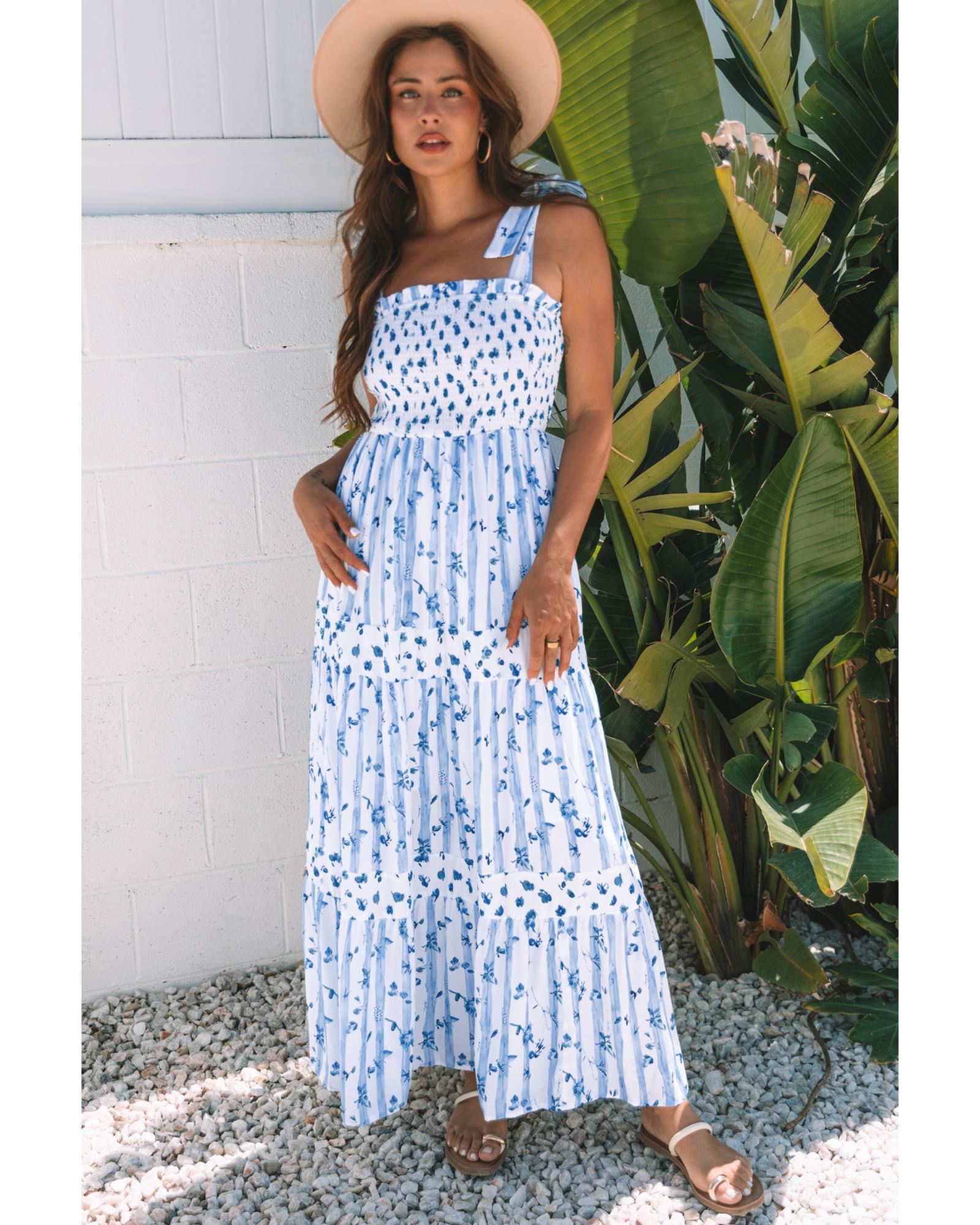 V539-AZEXDC6124886-P420-XL-202508291900-00 Sky Blue Floral Smocked Tied Straps A-Lined Tiered Maxi Dress - XL - Image 1