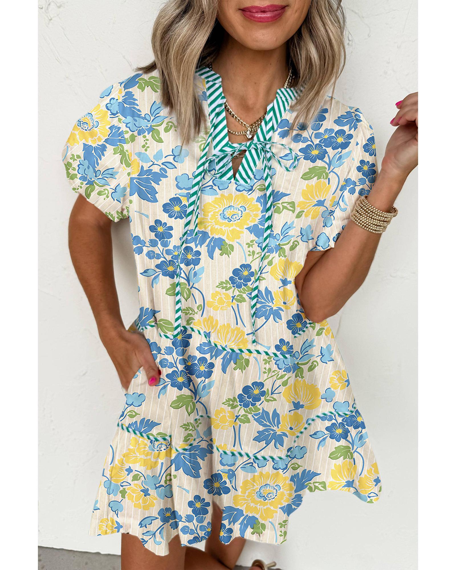 V539-AZEXDC6125080-P520-L-202508281600-00 Blue Floral Striped Trim Puff Short Sleeve Dress - L - Image 1