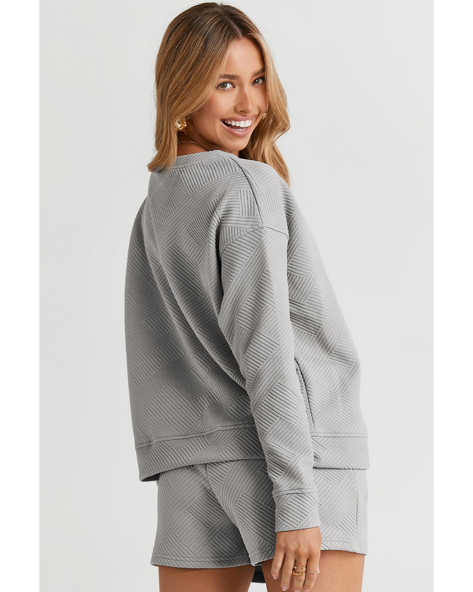 V539-AZEXDC625104-11-L-202508291240-00 Gray Textured Long Sleeve Top and Drawstring Shorts Set - L - Image 1