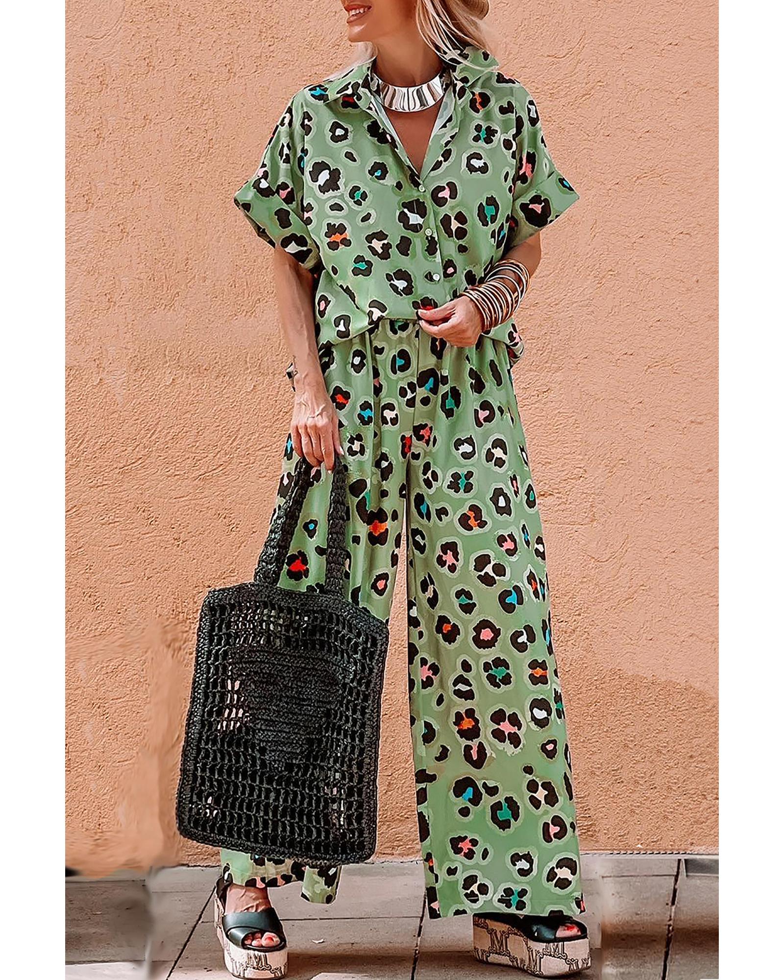 V539-AZEXDC625800-P922-L-202508282250-00 Green Leopard Print Short Sleeve Shirt and Wide Leg Pants Set - L - Image 1