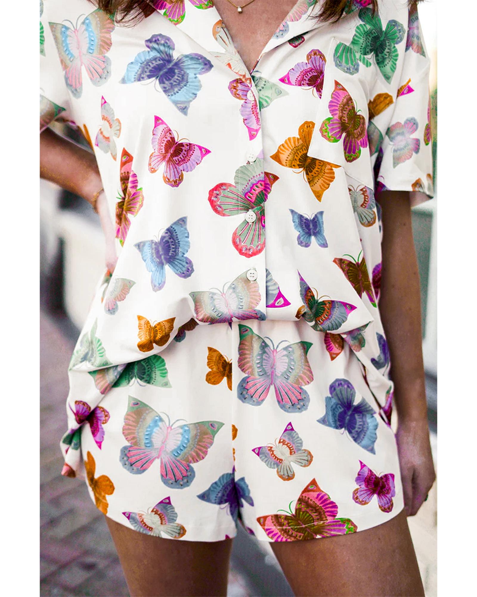 V539-AZEXDC626121-P22-XL-202508300910-00 Multicolour Butterfly Pattern Short Sleeve Shirt Pajamas Set - XL - Image 1
