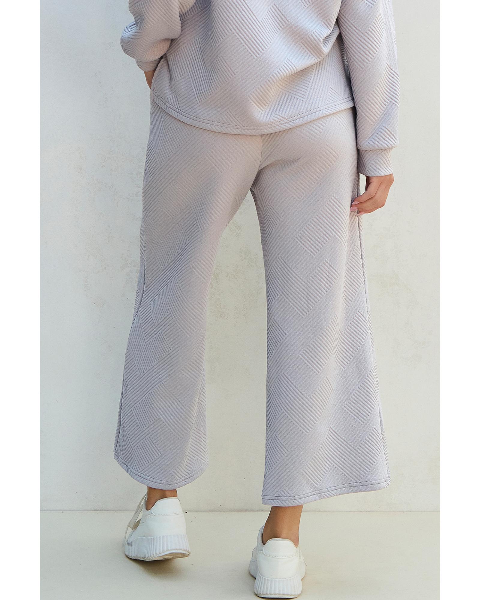 V539-AZEXDC626233-P1011-L-202508301205-00 Light Grey Solid Textured Collared V Neck Top and Wide Leg Pants Set - L - Image 1