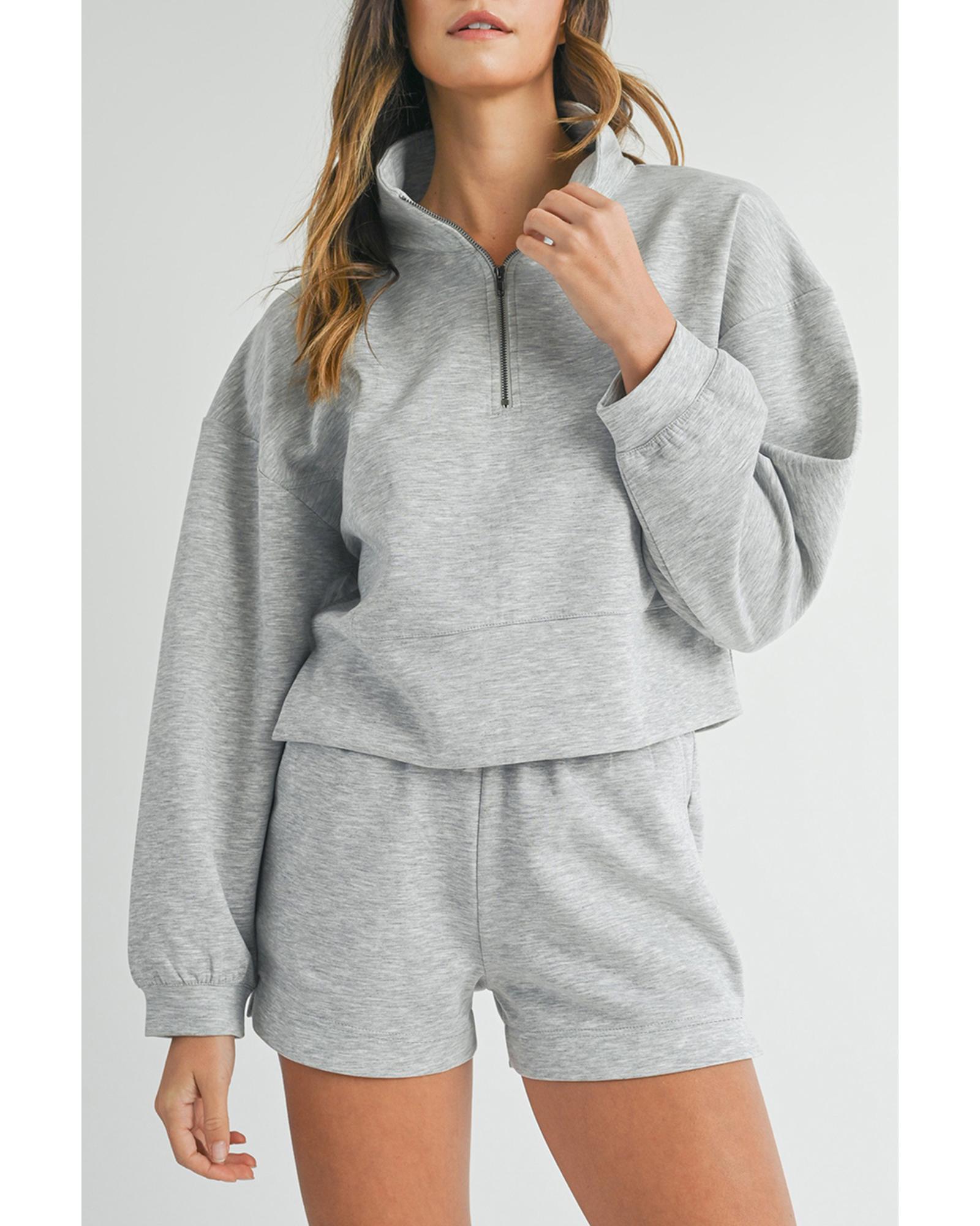 V539-AZEXDC626536-P1011-M-202508301805-00 Light Grey Stand Neck Zipped Sweatshirt and Shorts Set - M - Image 1