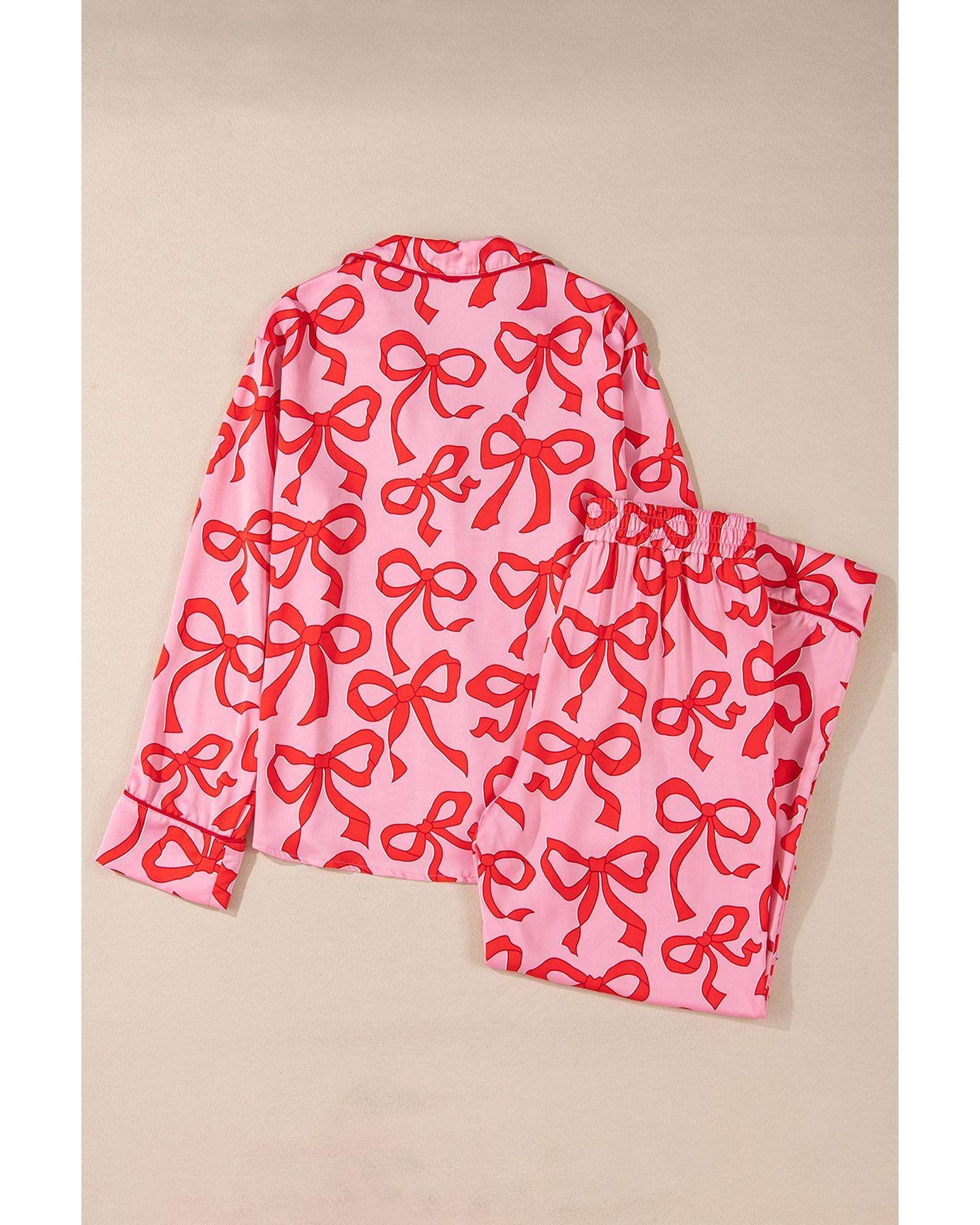 V539-AZEXDC626600-P1020-L-202508302350-00 Pink 2pcs Bow Print Shirt Style Long Sleeve Pajama Set - L - Image 1