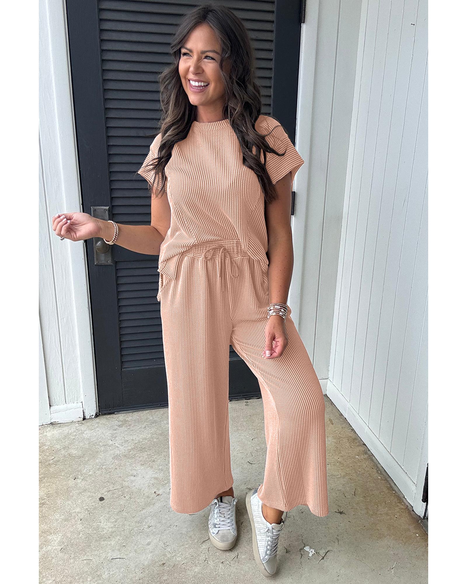 V539-AZEXDC626736-P7016-L-202508292010-00 Smoke Gray Solid Corded Knit Short Sleeve T Shirt and Wide Leg Pants Set - L - Image 1