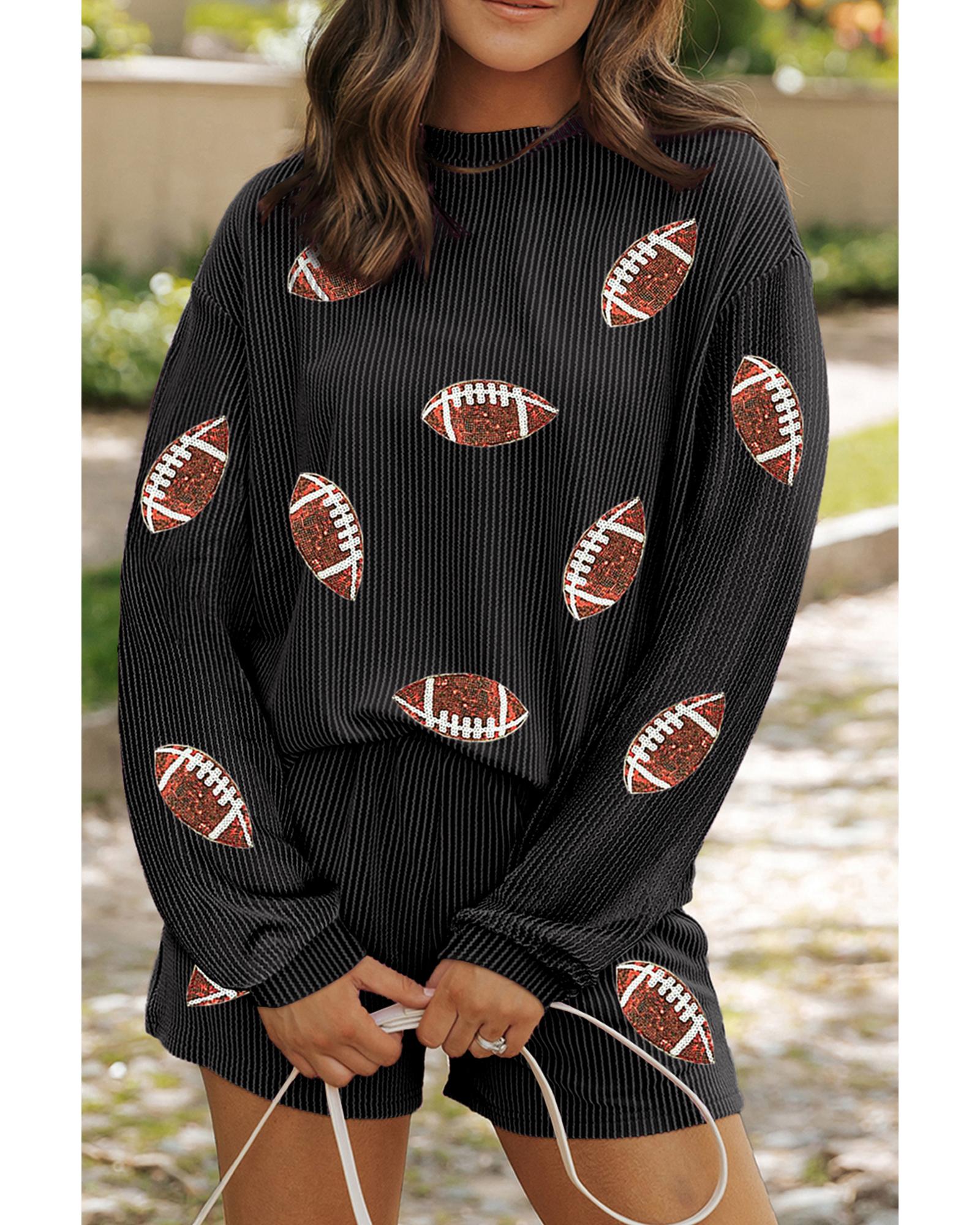 V539-AZEXDC626890-P4011-XL-202508281650-00 Carbon Grey Sequin Rugby Football Corded Knit Two Piece Shorts Set - XL - Image 1