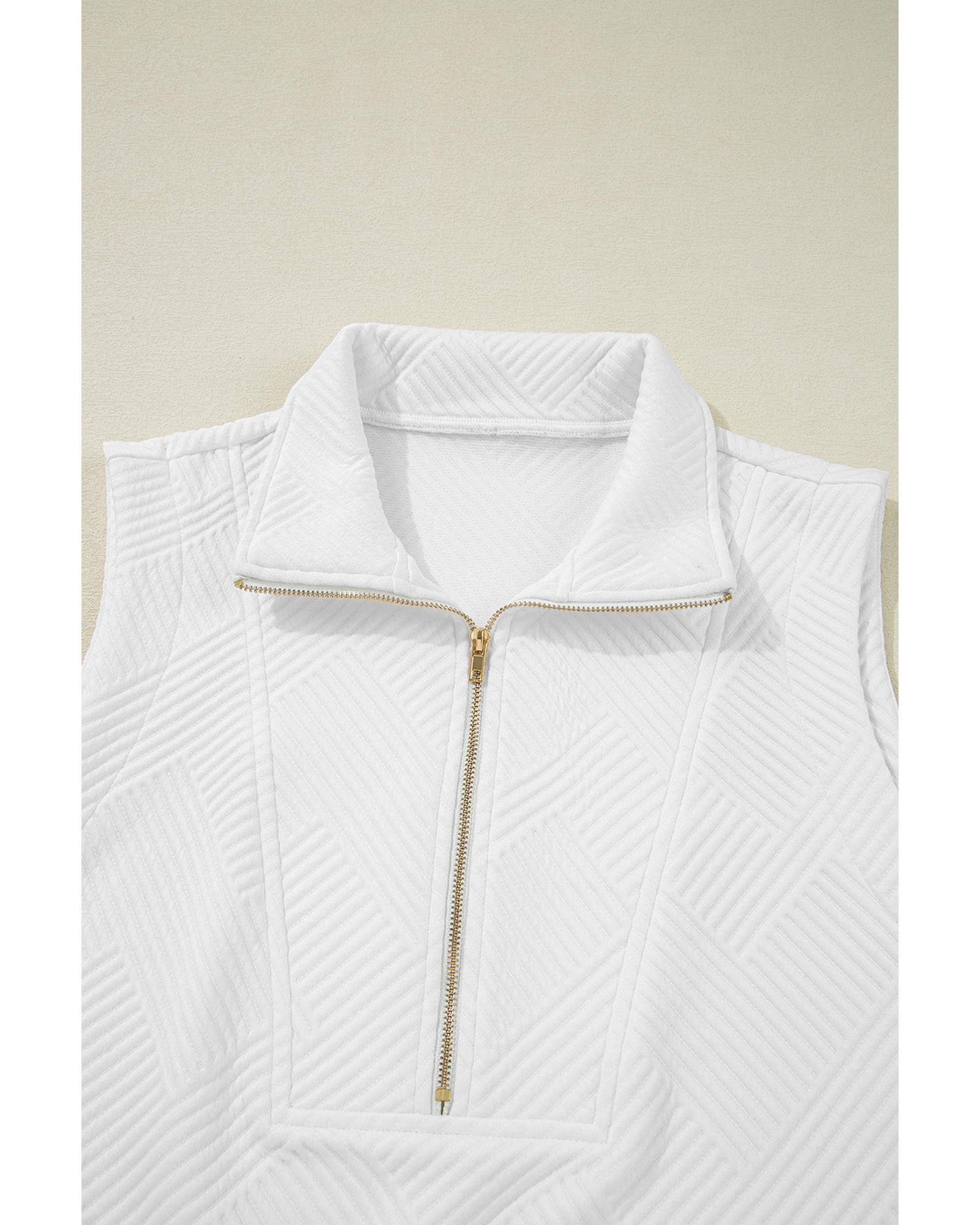 V539-AZEXDC626897-P101-S-202506150231-00 White Textured Half Zip Tank Top Drawstring Shorts Set - S - Image 1