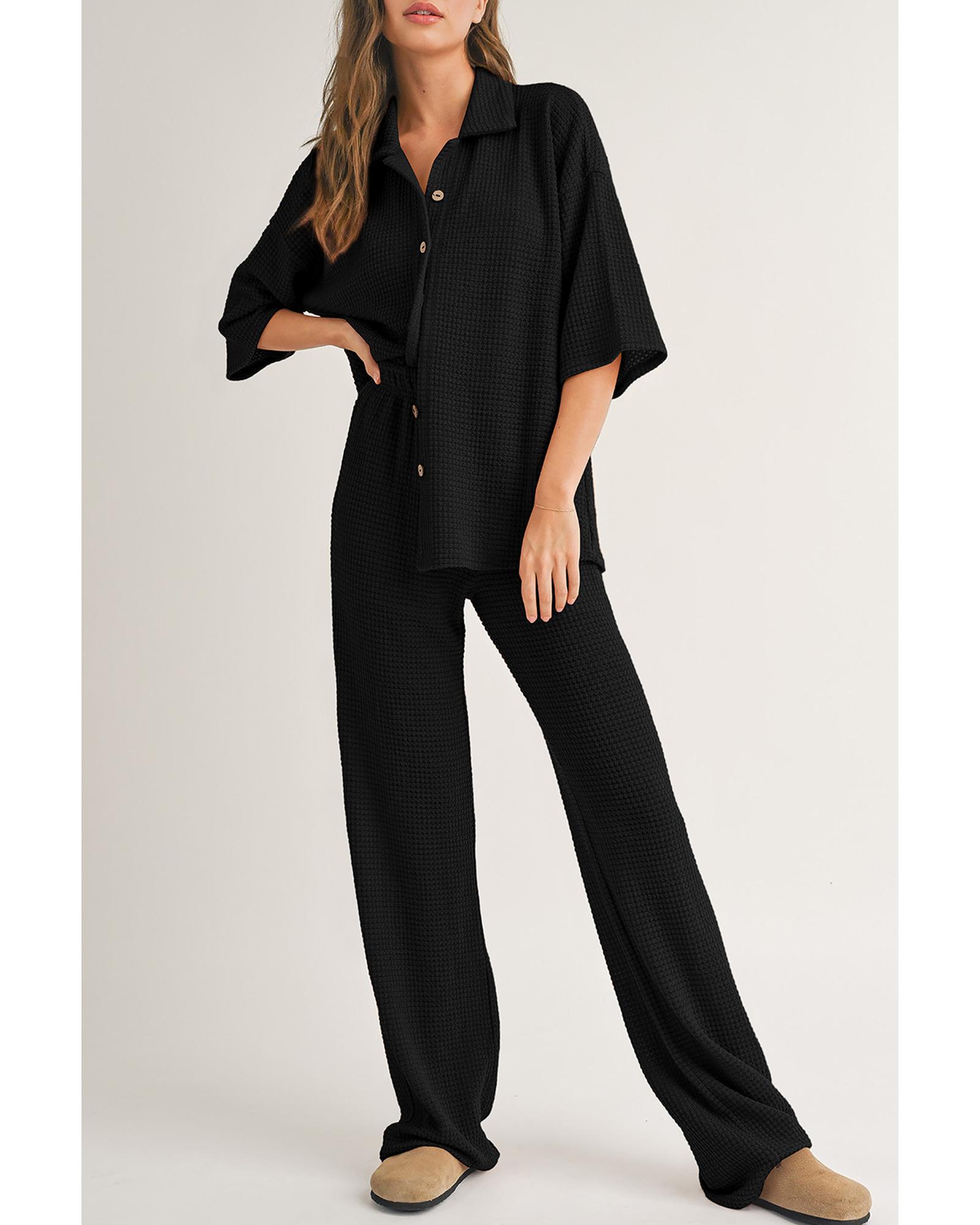 V539-AZEXDC626924-P2-2XL-202508300735-00 Black Solid Color Textured Buttoned Shirt and Casual Pants Set - 2XL - Image 1