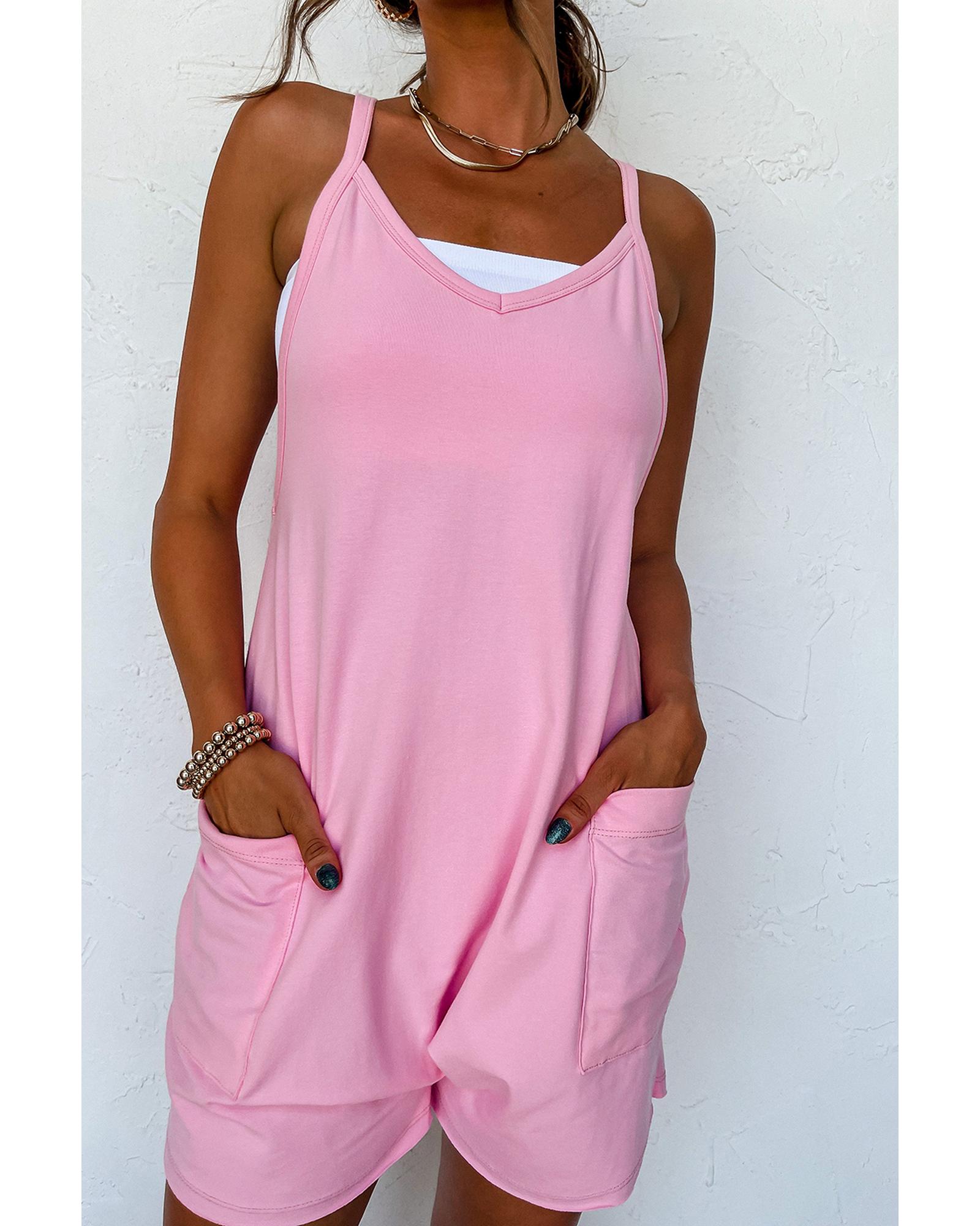 V539-AZEXDC6413097-P10-S-202506150506-00 Pink Spaghetti Straps V Neck Jersey Romper - S - Image 1