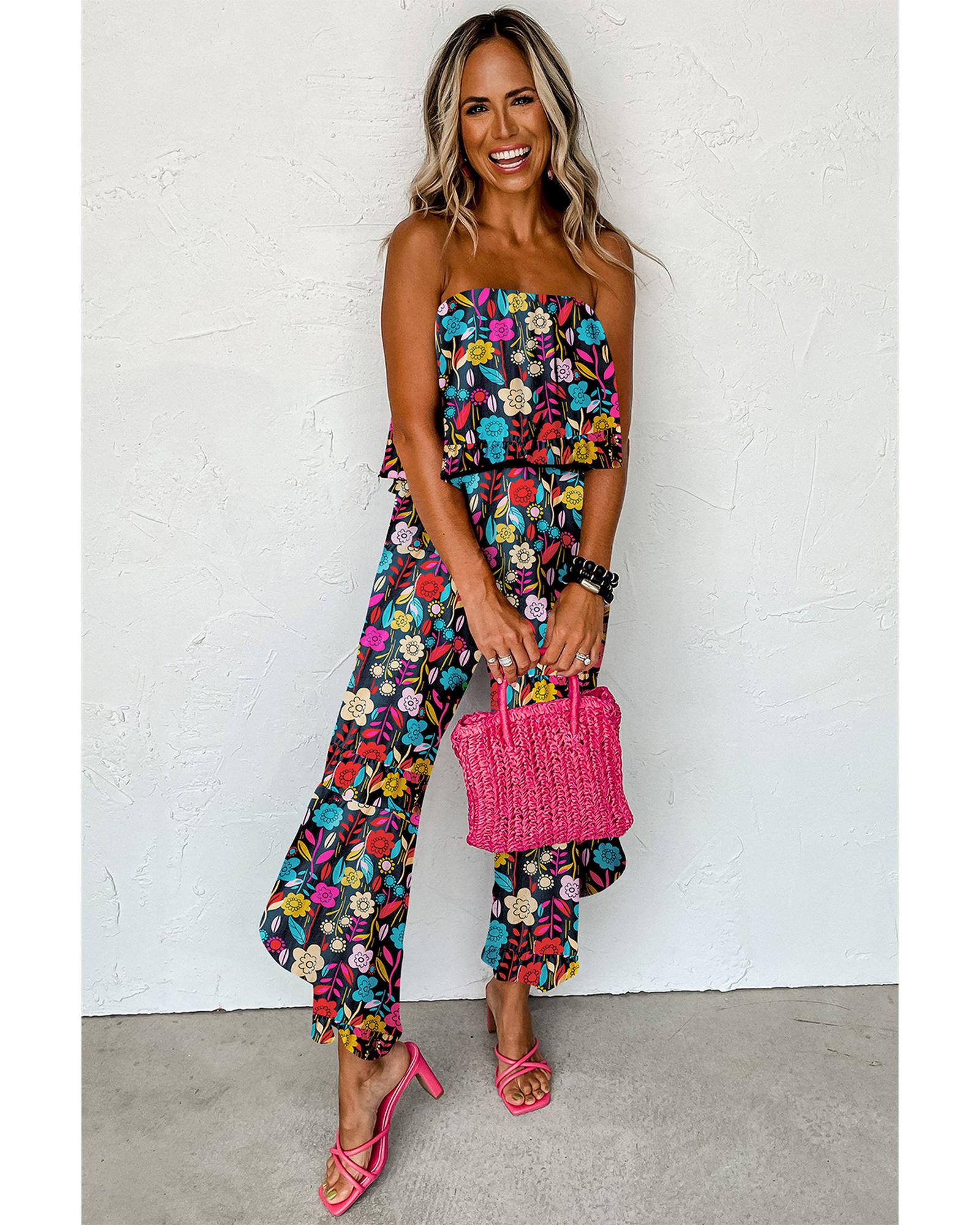 V539-AZEXDC6413368-P322-S-202508280850-00 Red Mix Tropical Print Strapless Ruffled Jumpsuit - S - Image 1