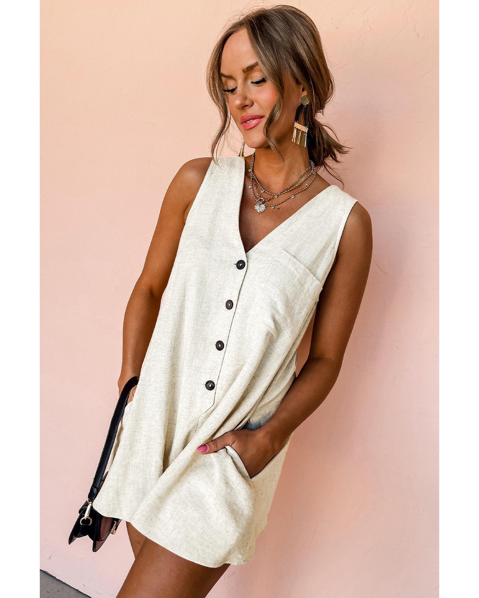V539-AZEXDC6413470-P15-XL-202508282050-00 Beige Sleeveless V Neck Buttoned Front Chest Pocket Romper - XL - Image 1