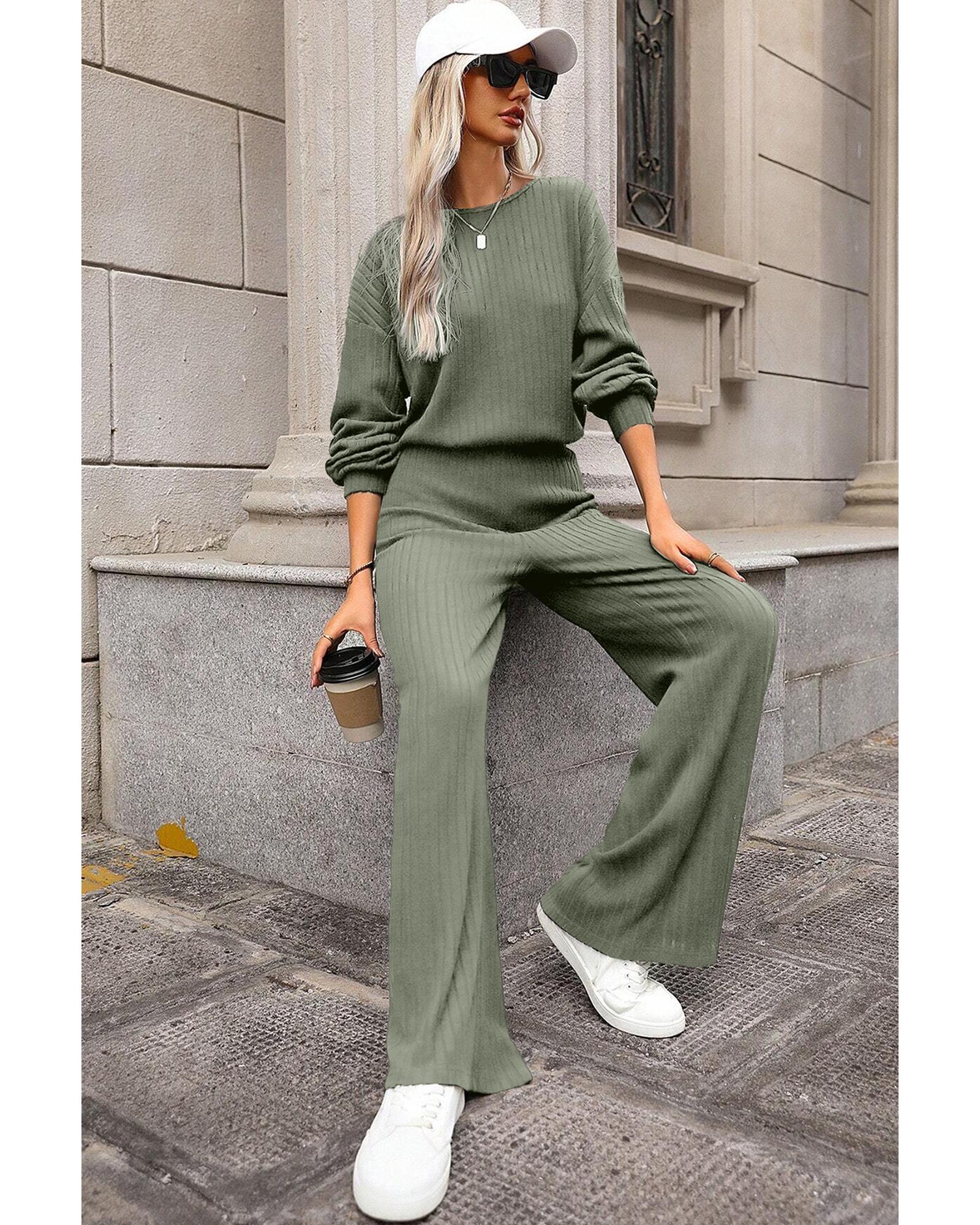 V539-AZEXDC6413558-P1209-L-202508291250-00 Laurel Green Solid Ribbed Knit Keyhole Back High Waist Jumpsuit - L - Image 1