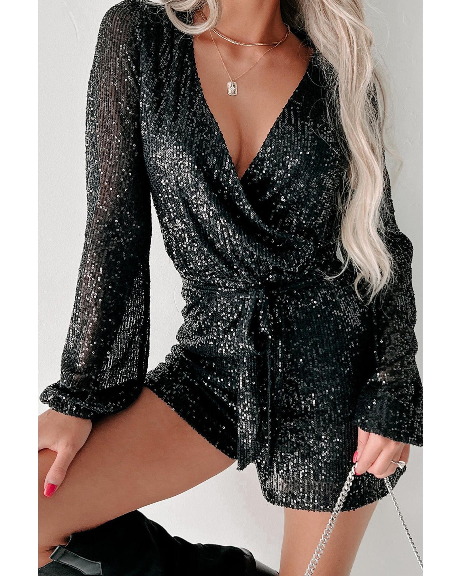 V539-AZEXDC6413722-P2-XL-202508300050-00 Black Sequined V Neck Wrapped Long Sleeve Romper - XL - Image 1