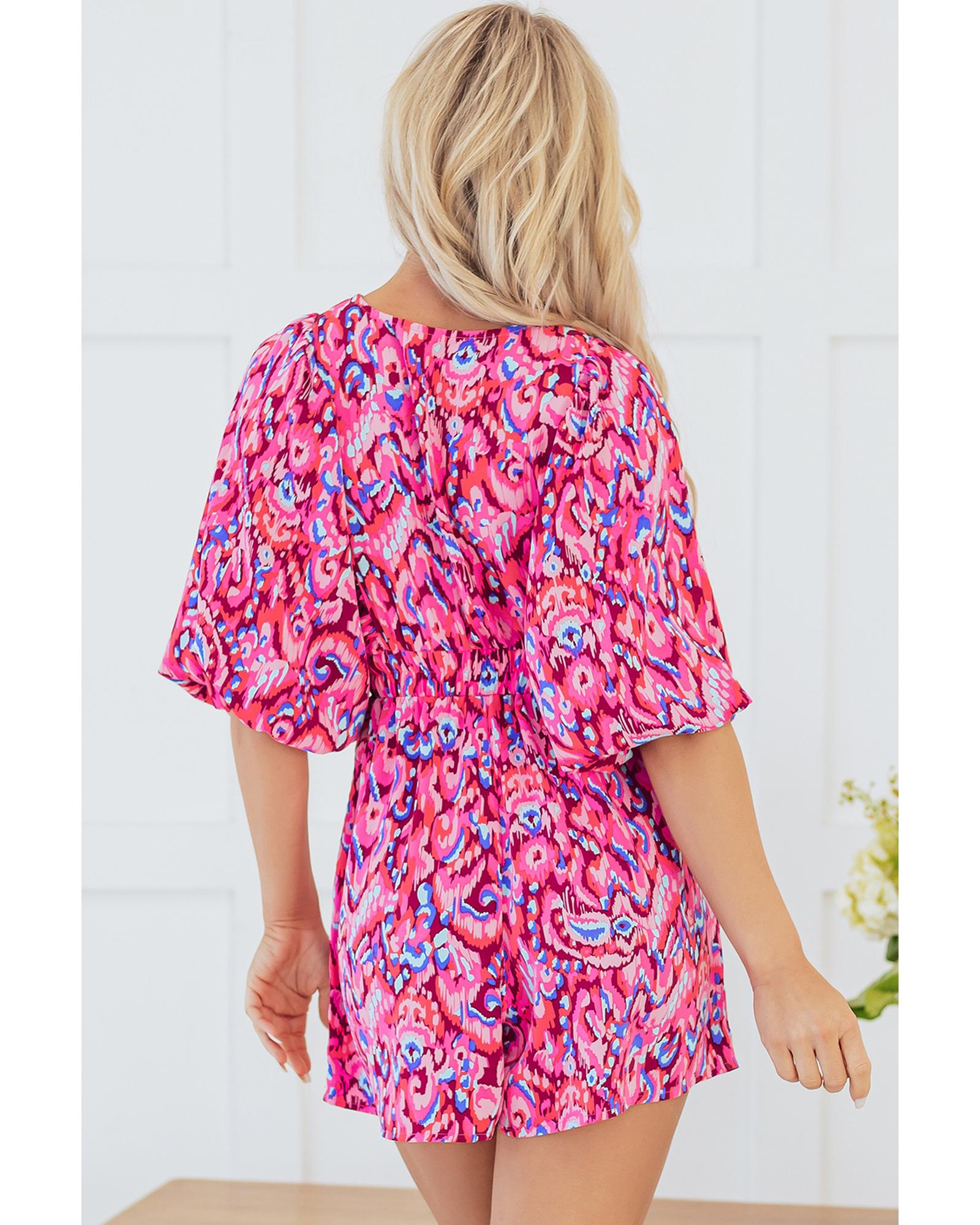 V539-AZEXDC6413824-P1020-XL-202508280440-00 Pink Abstract Print Puff Sleeve V Neck High Waist Romper - XL - Image 1