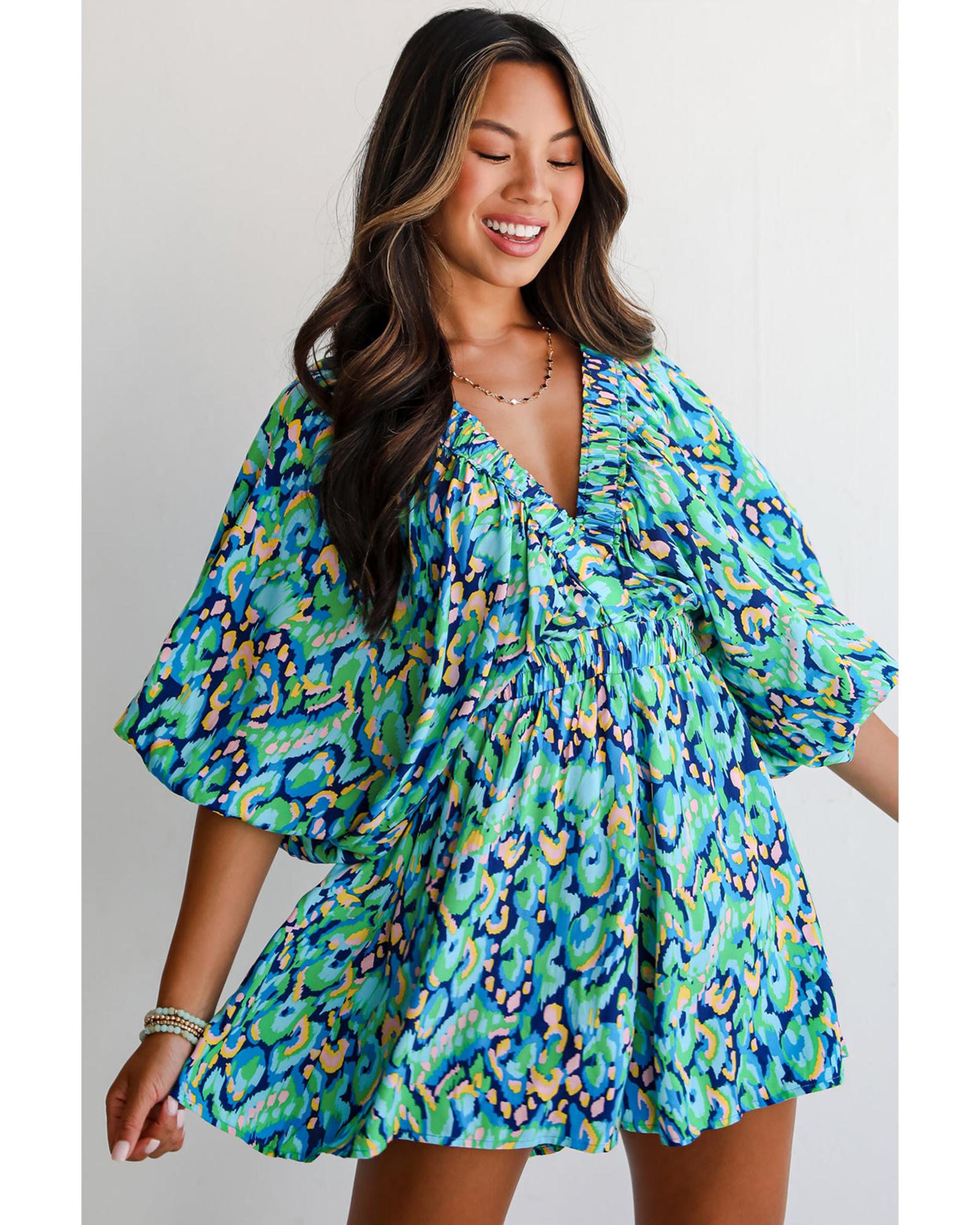 V539-AZEXDC6413824-P920-M-202508281025-00 Green Abstract Print Puff Sleeve V Neck High Waist Romper - M - Image 1