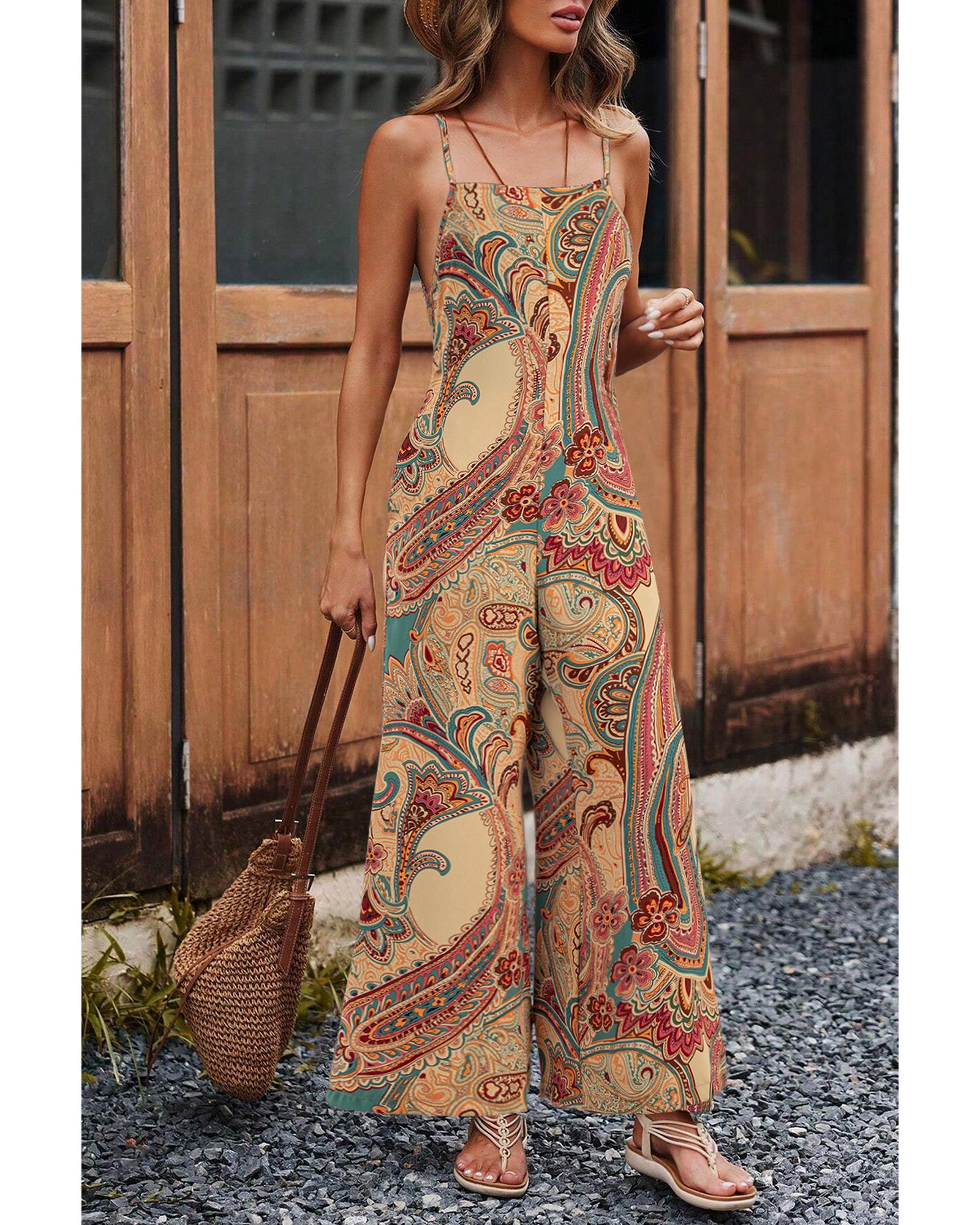 V539-AZEXDC6413826-P10320-L-202508290230-00 Red Paisley Printed Spaghetti Straps Elegant Wide Leg Jumpsuit - L - Image 1