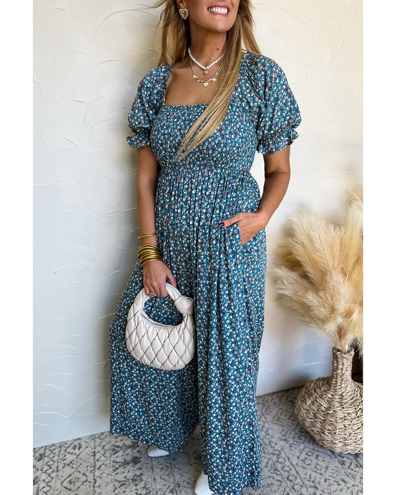 V539-AZEXDC6414022-P520-L-202508302300-00 Blue Vintage Boho Floral Smocked Short Puff Sleeve Wide Leg Jumpsuit - L - Image 1