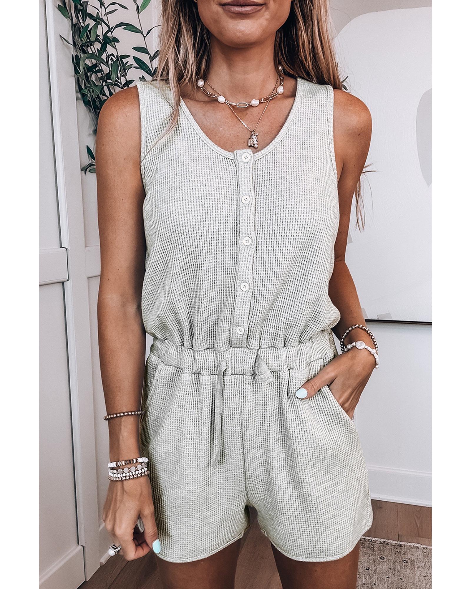 V539-AZEXDC6414028-P1011-L-202508300720-00 Light Grey Waffle Knit Sleeveless Buttoned Front Drawstring Waist Romper - L - Image 1