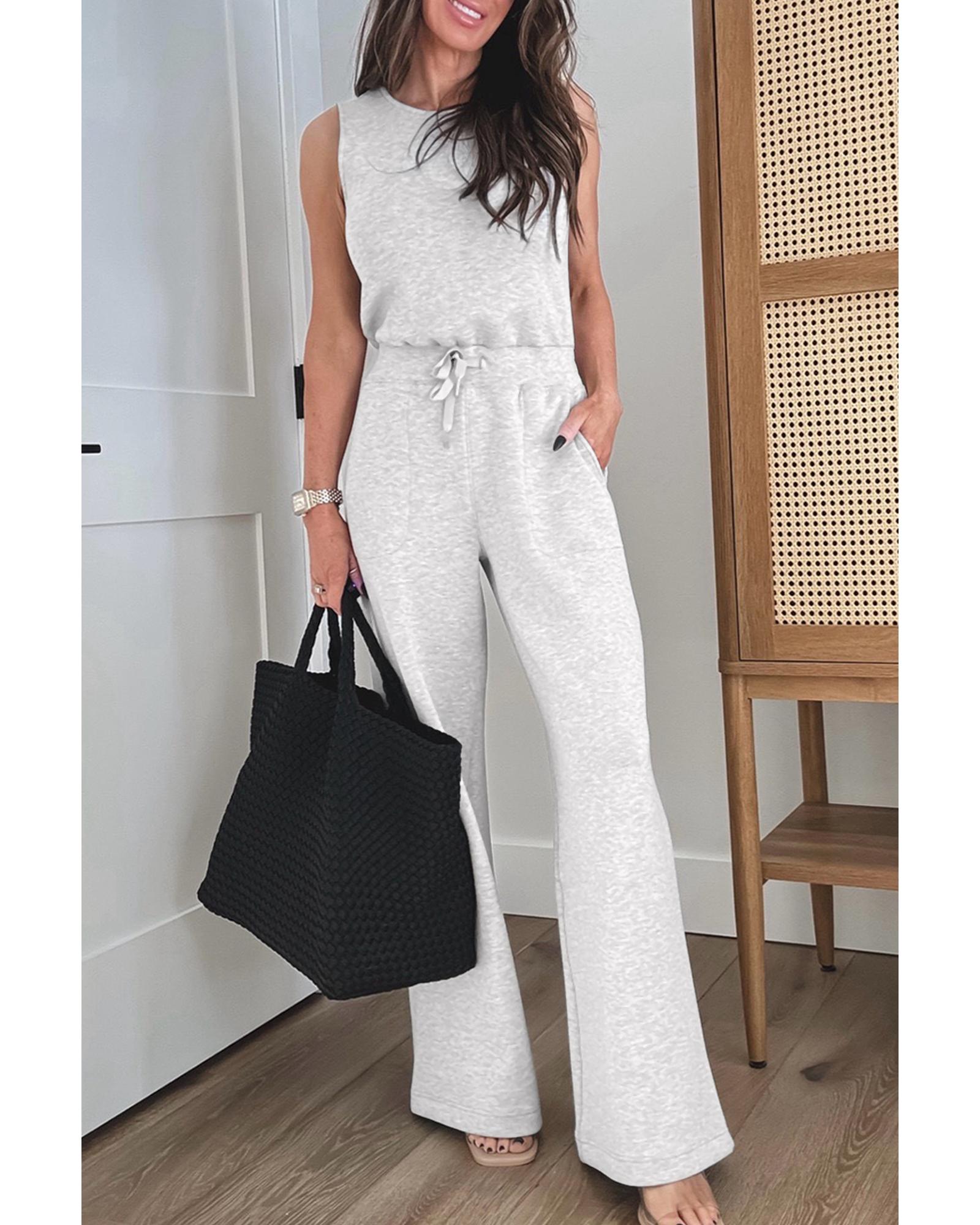 V539-AZEXDC6414041-P1011-M-202508301320-00 Light Grey Solid Color Crew Neck Drawstring High Waist Sleeveless Jumpsuit - M - Image 1