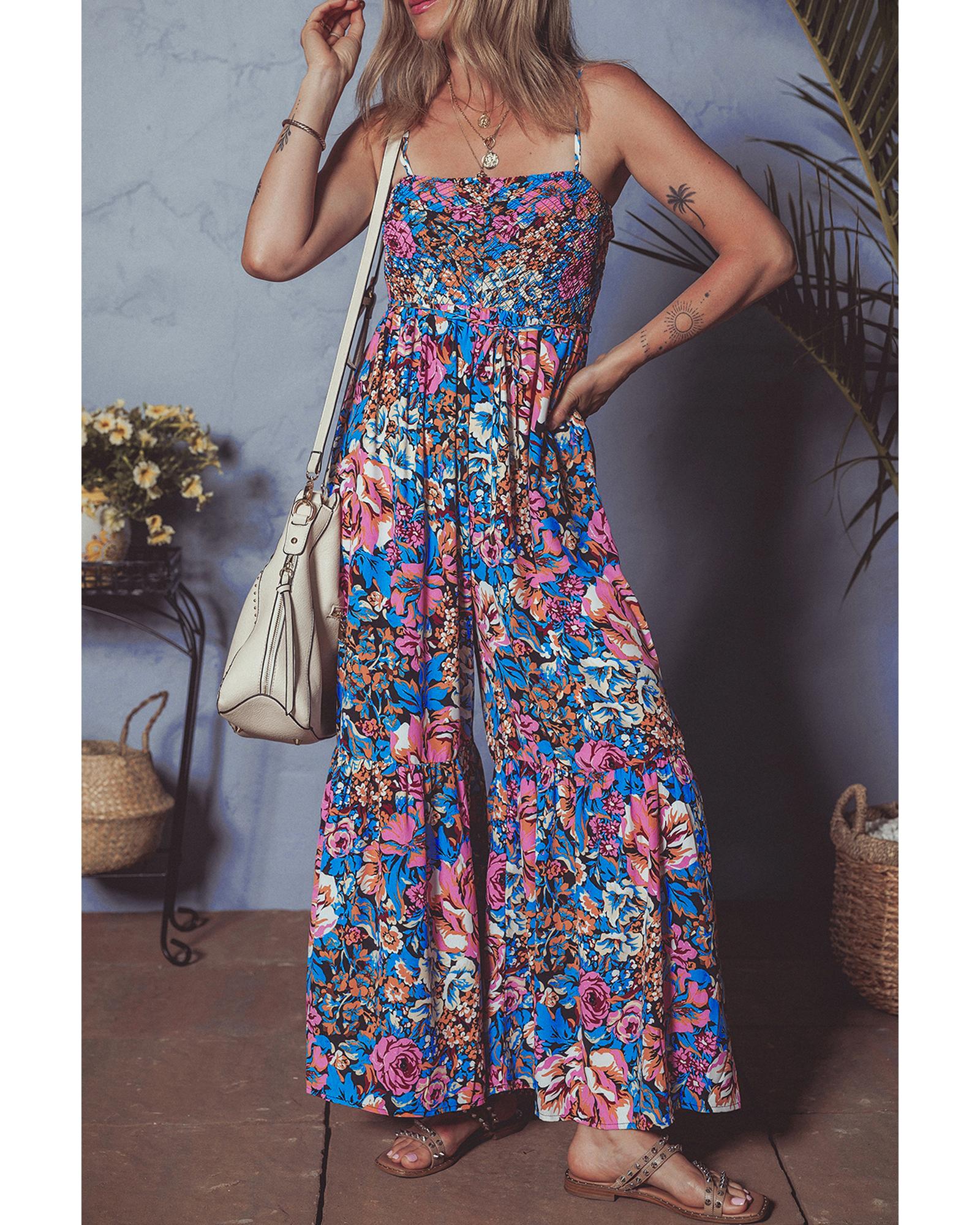 V539-AZEXDC6414112-P1020-S-202506150431-00 Pink Floral Smocked Bust Spaghetti Straps Wide Leg Jumpsuit - S - Image 1