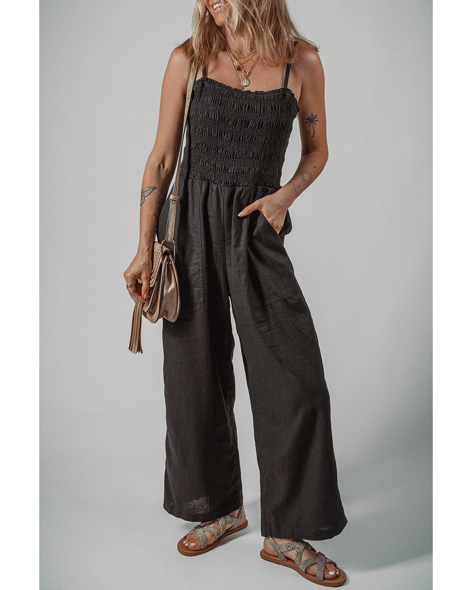 V539-AZEXDC6414140-P2-XL-202508280420-00 Black Spaghetti Straps Shirred Bodice Pocketed Wide Leg Jumpsuit - XL - Image 1