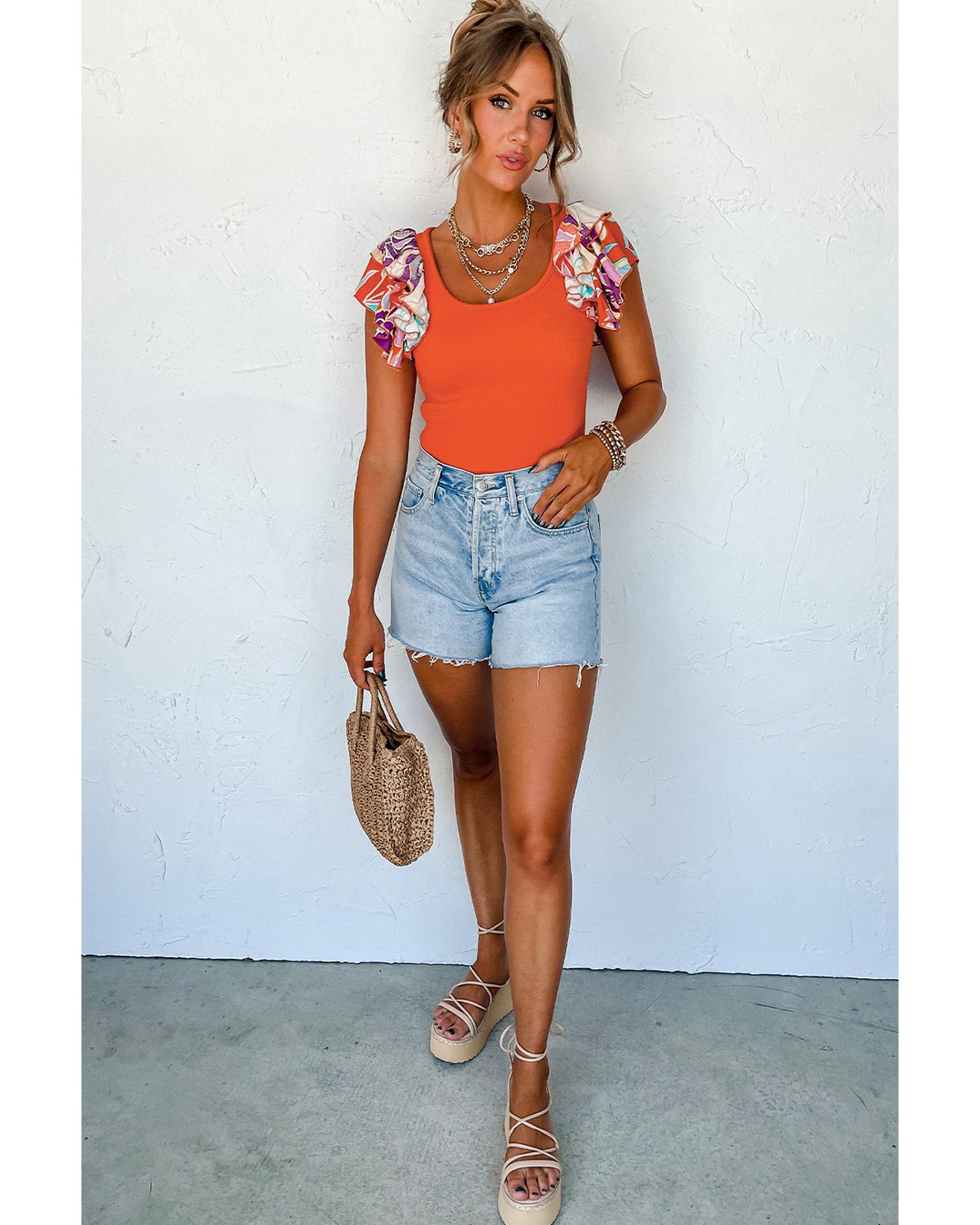 V539-AZEXDC6421664-P14-XL-202508300055-00 Orange Ribbed Knit Tiered Ruffled Sleeve Bodysuit - XL - Image 1