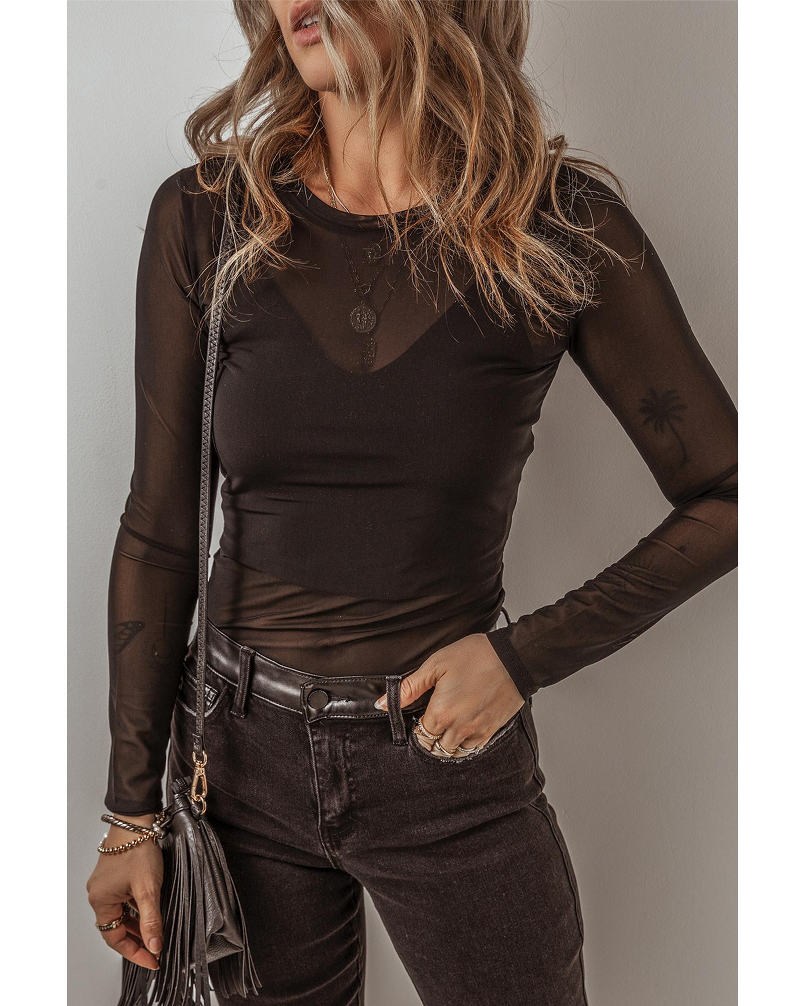 V539-AZEXDC6421782-P2-L-202508301230-00 Black Mesh Long Sleeve Slim Fit Bodysuit - L - Image 1