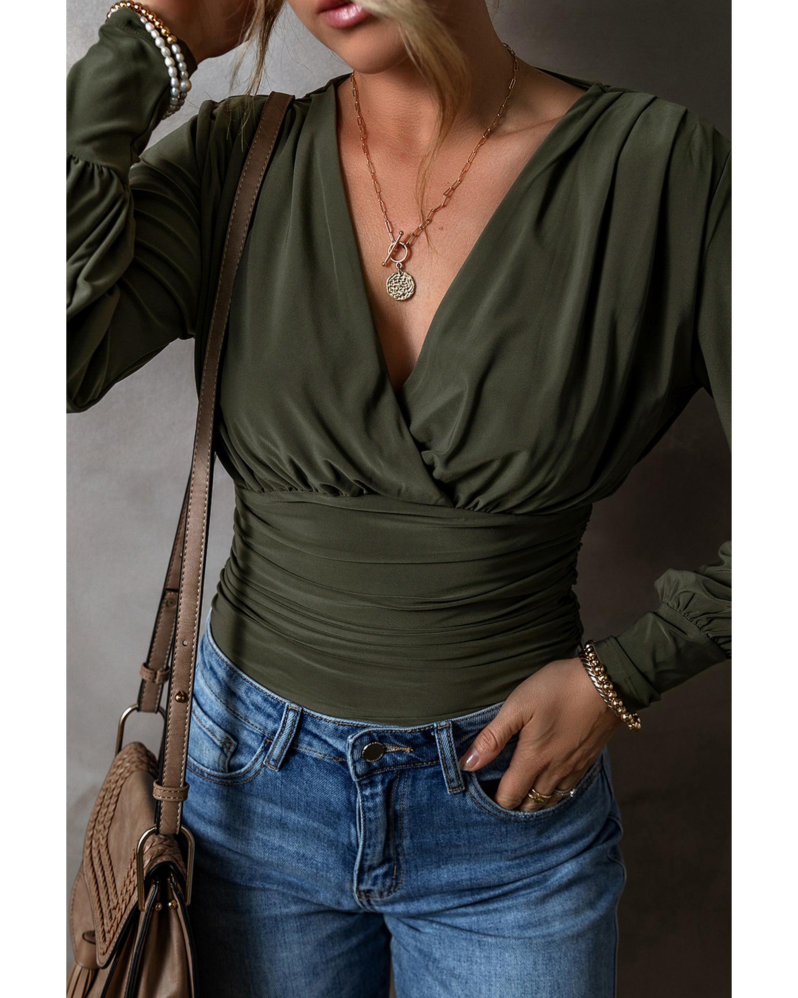 V539-AZEXDC6421784-P1609-M-202508301805-00 Moss Green Ruched Wrap V Neck Long Sleeve Bodysuit - M - Image 1