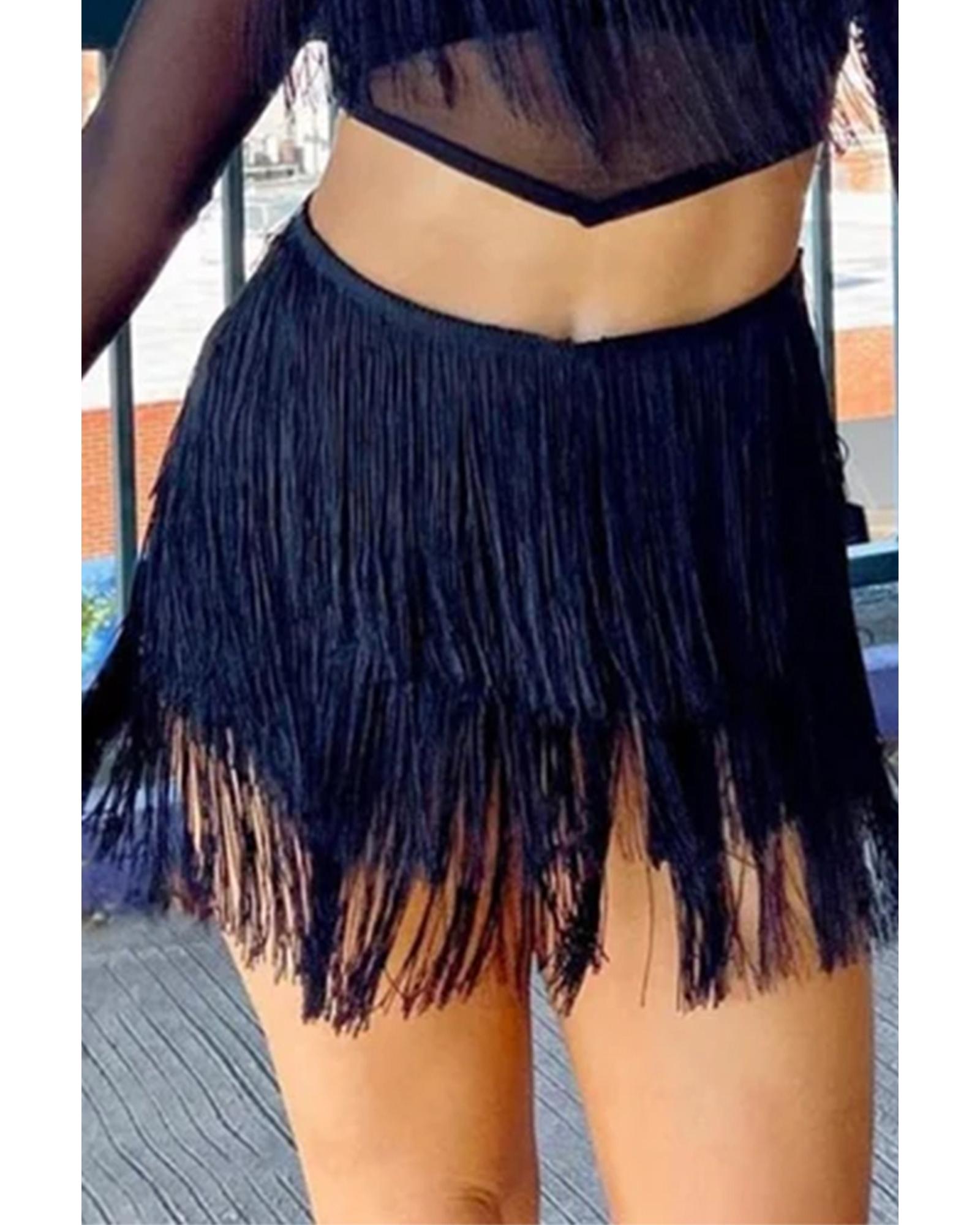 V539-AZEXDC7211022-P2-XL-202508301115-00 Black Tiered Fringe Trimmed Mini Skirt - XL - Image 1