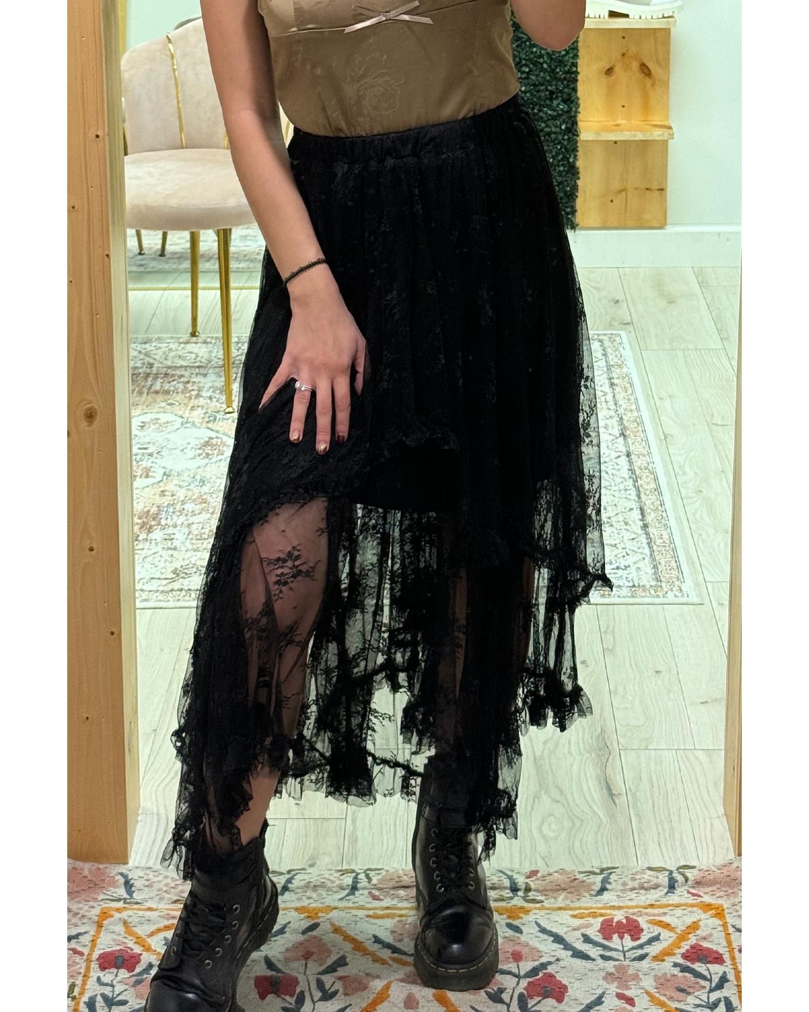 V539-AZEXDC721938-P2-L-202508280145-00 Black Lace Cascading Tiered High Waist Maxi Skirt - L - Image 1