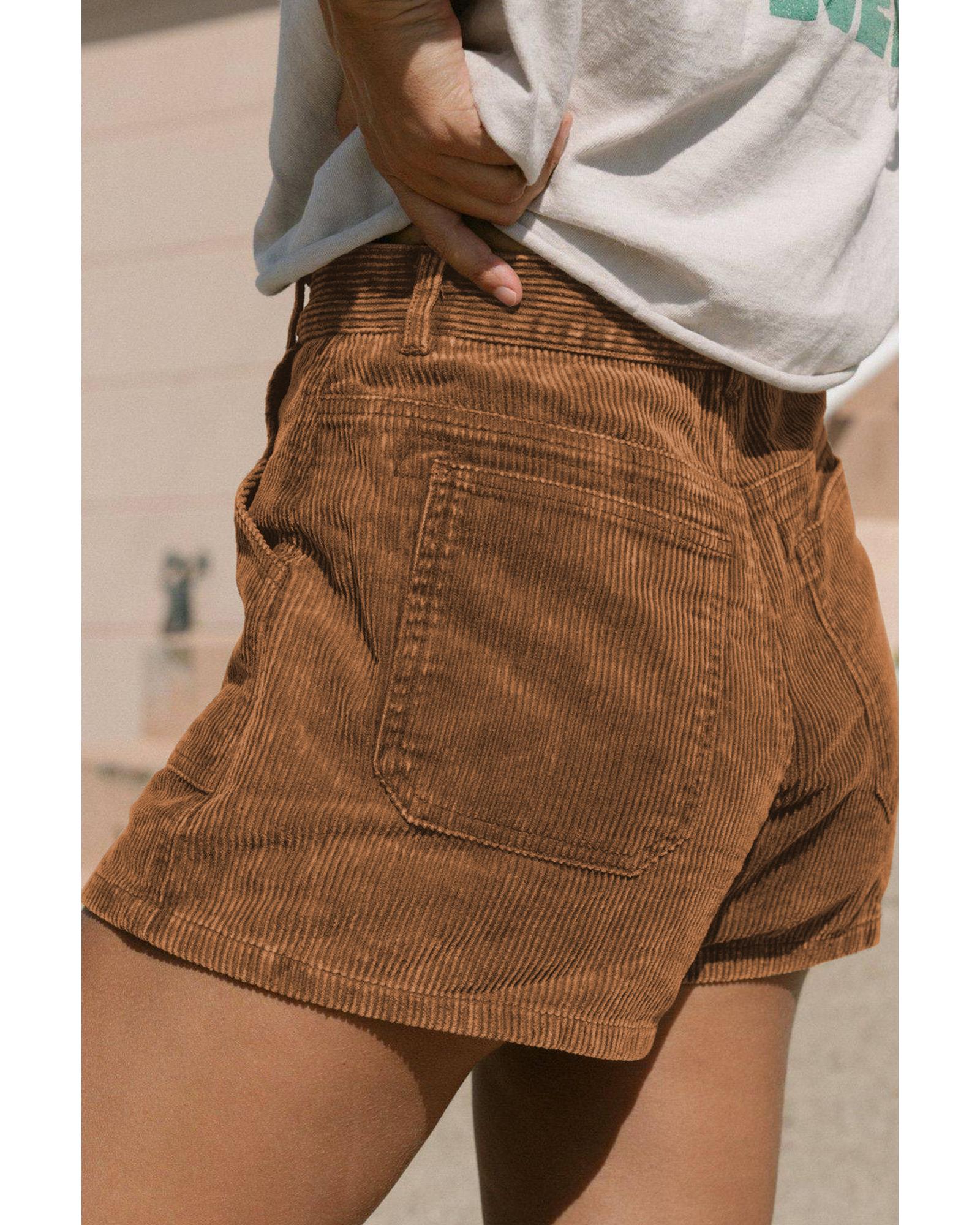 V539-AZEXDC731448-17-16-202508280520-00 Brown Vintage Elastic Waist Back Pocketed Corduroy Shorts - 16 US - Image 1