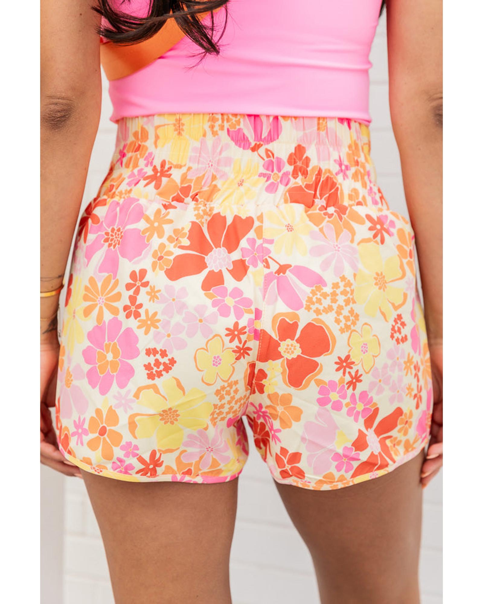 V539-AZEXDC731571-P1420-M-202508300455-00 Orange Boho Floral Shirred High Waist Casual Shorts - M - Image 1