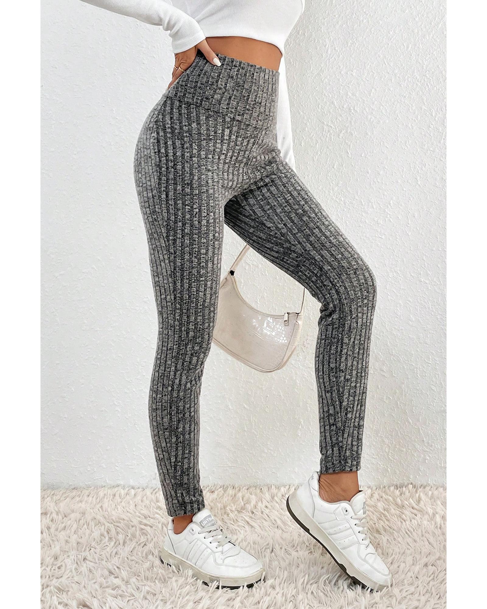 V539-AZEXDC761454-P11-S-202508300825-00 Gray Wide Waistband Ribbed Textured Knit Leggings - S - Image 1