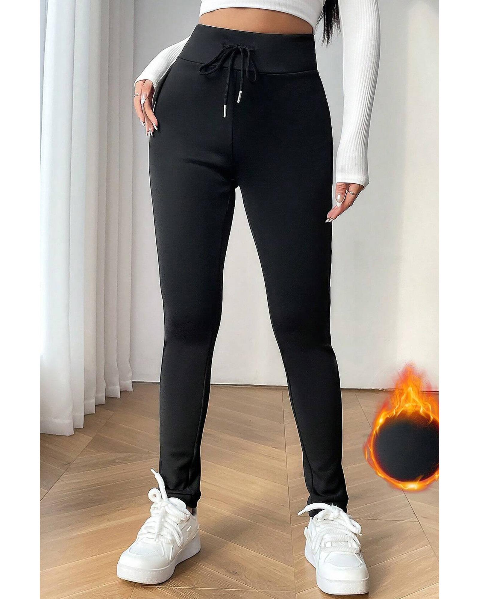 V539-AZEXDC761489-P2-L-202508302300-00 Black Solid Drawstring Waist Thermal Lined Leggings - L - Image 1